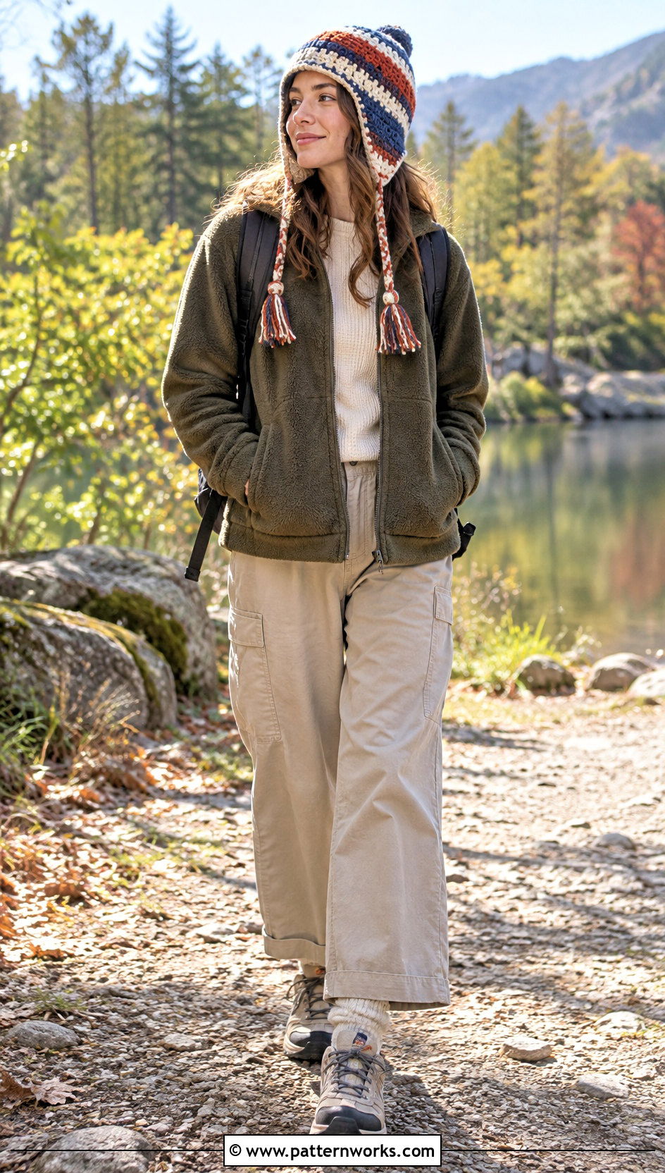 Earflap HDC Crochet Hat With Fleece Jacket And Wide Leg Pants - 18 hdc crochet hat outfit ideas