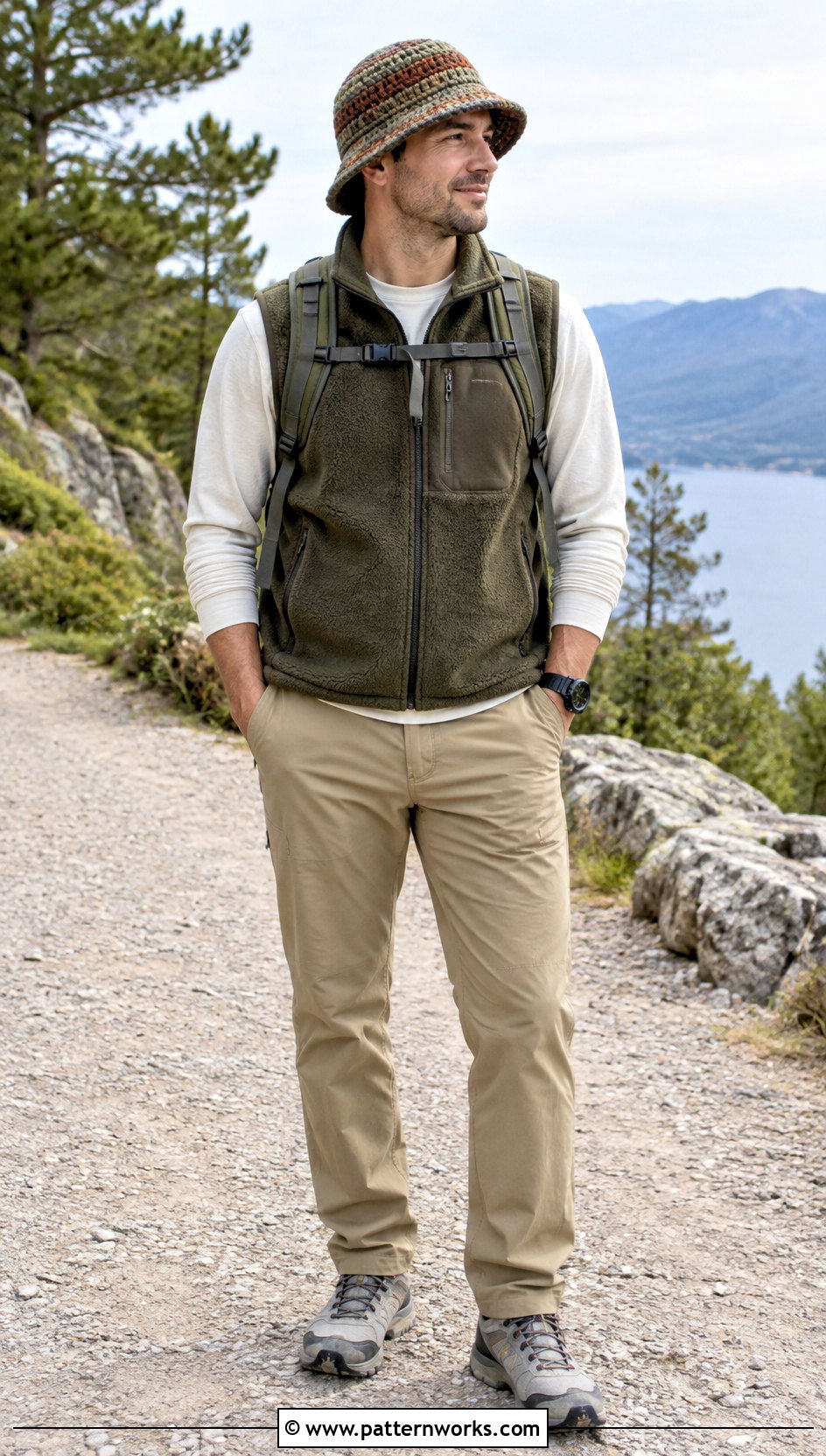 Earth Tone Crochet Bucket Hat With Fleece Vest And Hiking Pants - 18 Crochet Mens Bucket Hat outfit ideas