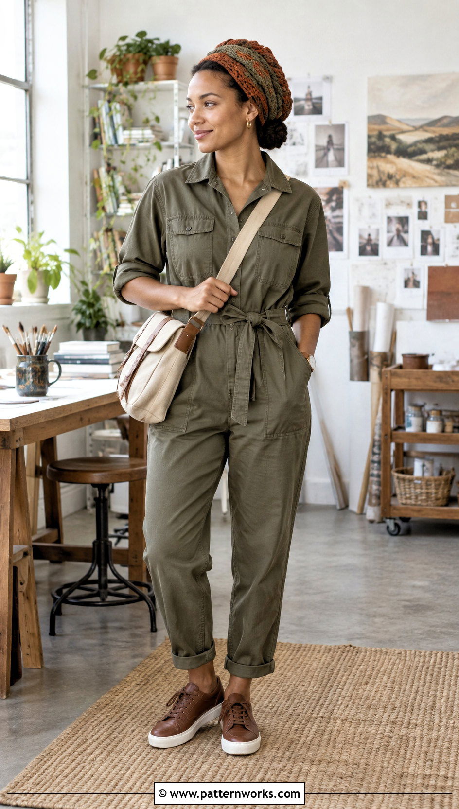 Earth Tone Crochet Hair Wrap With Utility Jumpsuit - 30 crochet hair wrap outfit ideas