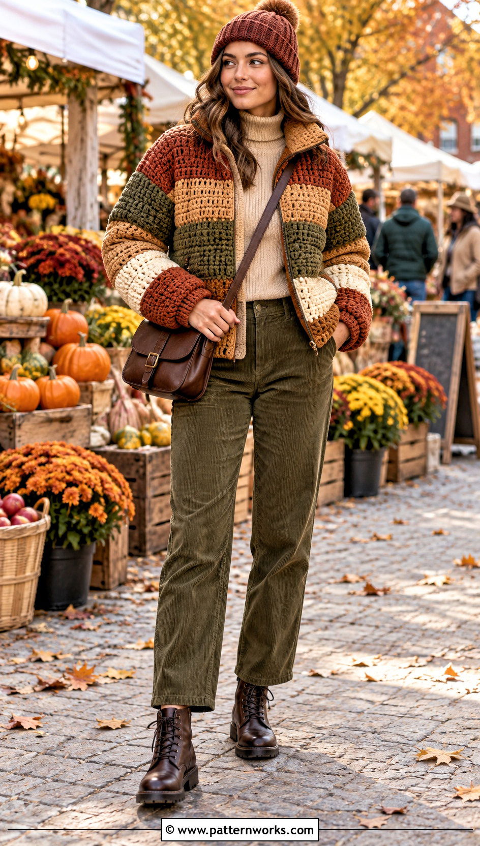 Earth Tone Crochet Puffer Jacket With Corduroy Pants - 30 crochet puffer jacket outfit ideas
