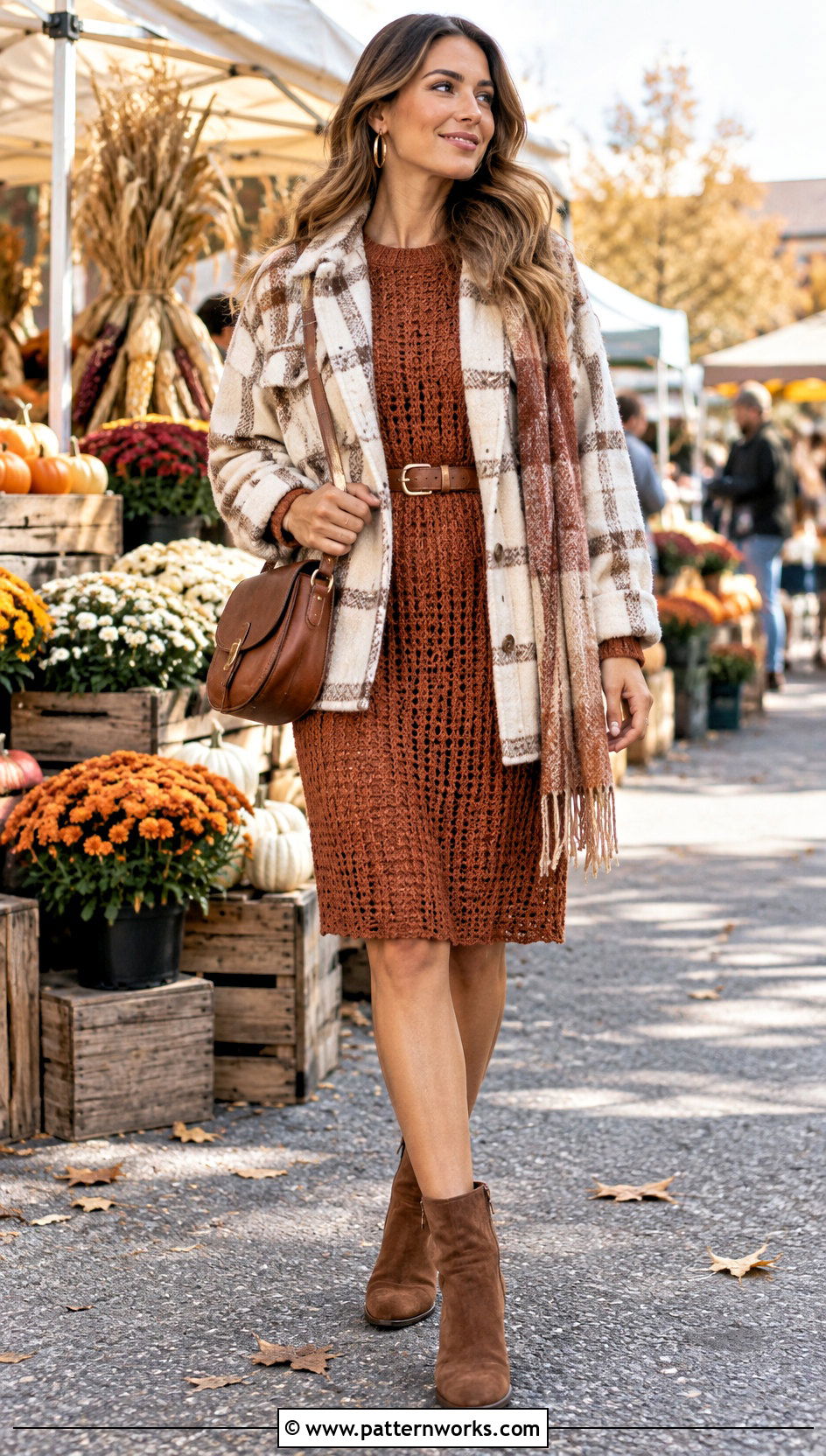 Earth Tone Crochet Sweater Dress Outfit With A Shacket - 30 crochet sweater dress outfit ideas