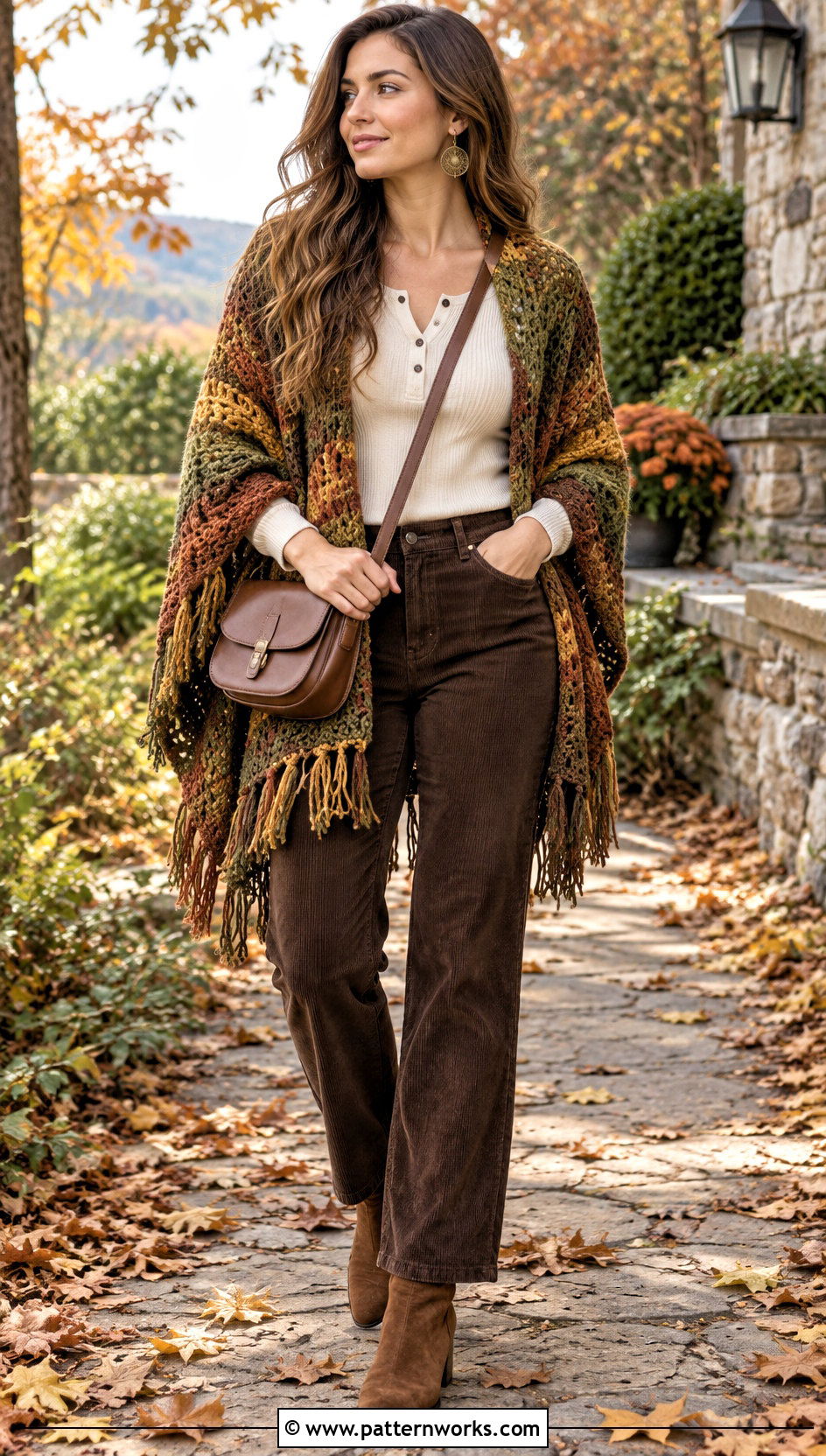 Earth Tone Crochet Wrap With Corduroy Pants - 30 crochet shawl wrap outfit ideas