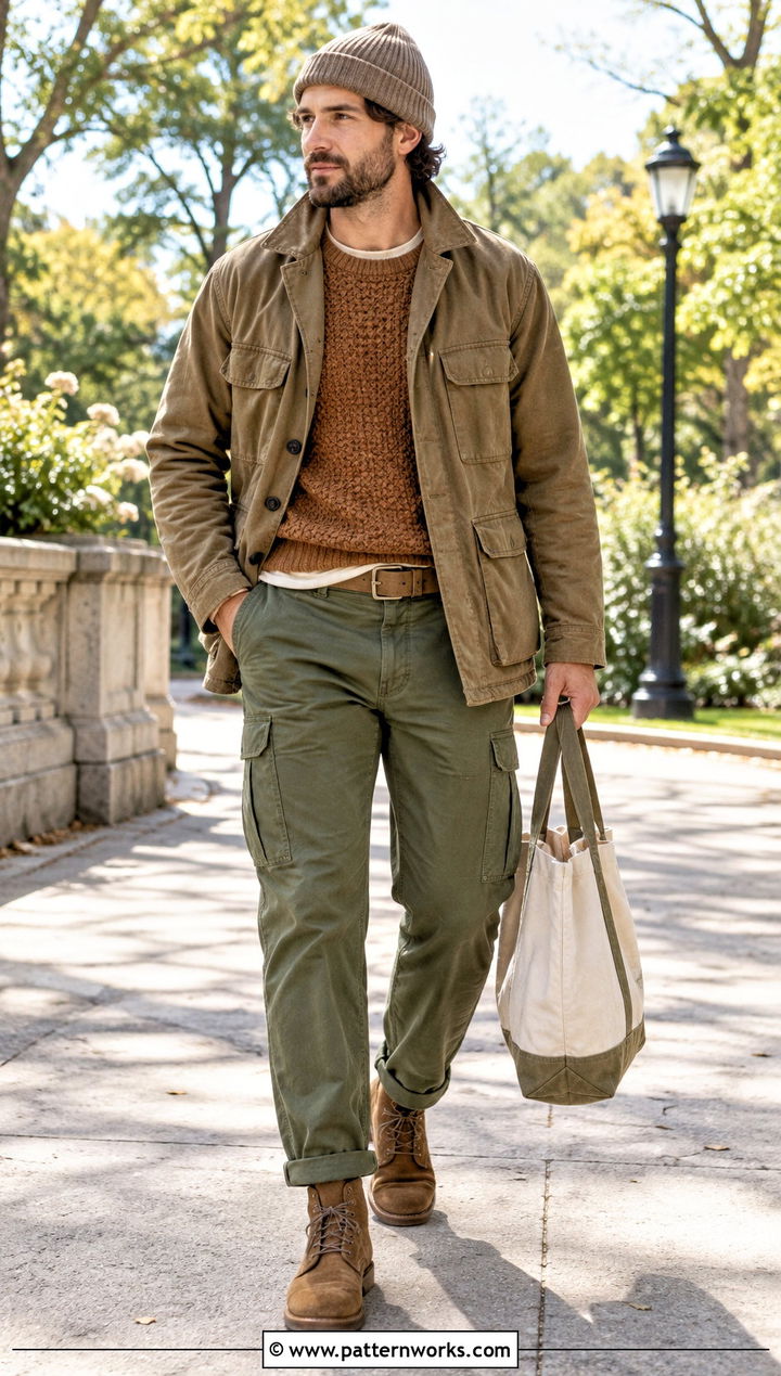 Earth Tone Tunisian Sweater With Fatigue Pants - 18 Tunisian Crochet Mens Sweater outfit ideas