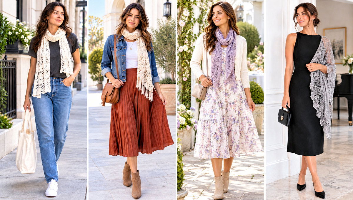 18 Easy Lace Crochet Scarf Outfit Ideas for Spring Layers