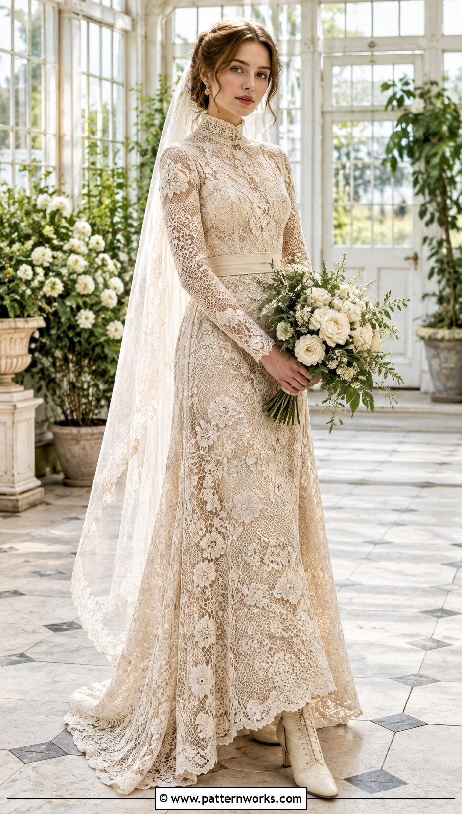 Edwardian High Neck Crochet Wedding Dress With Button Boots - 18 vintage crochet wedding dress outfit ideas
