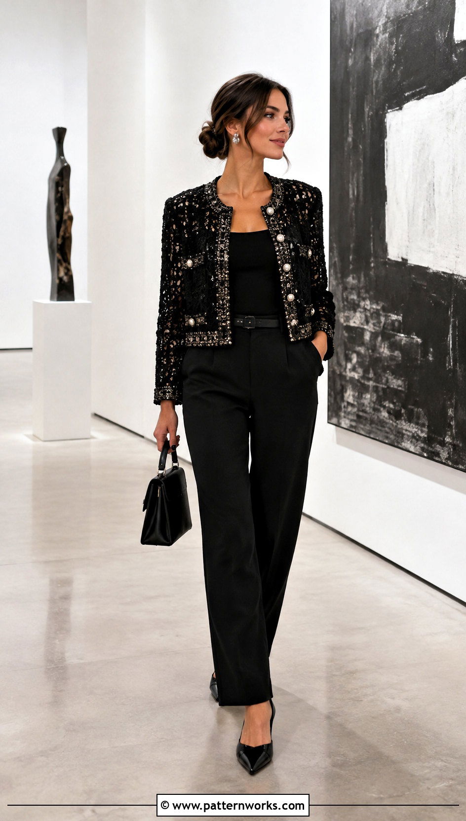 Embellished Crochet Jacket With All Black Outfit - 30 crochet jacket outfit ideas