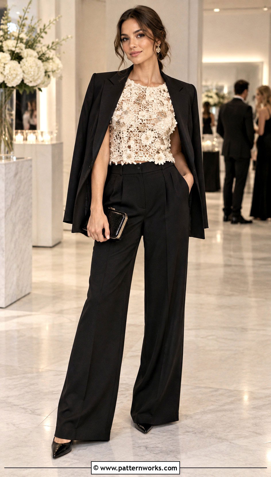 Embellished Crochet Top With Black Trousers - 24 designer crochet top outfit ideas