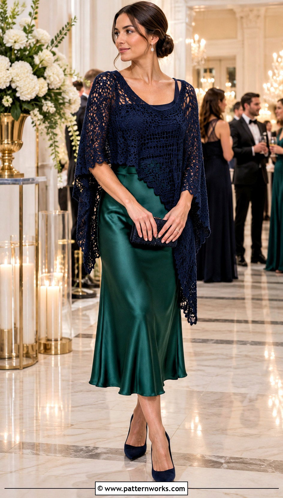Evening Crochet Poncho Shawl With Satin Midi Skirt - 18 crochet poncho shawl outfit ideas