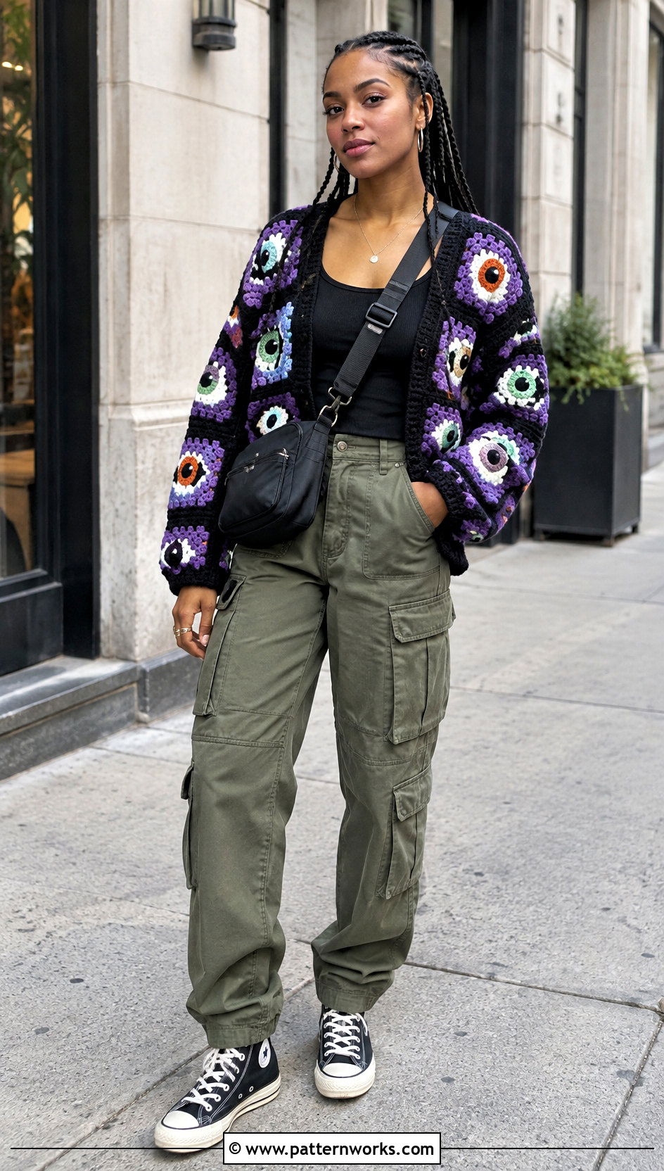 Eyeball Crochet Cardigan Outfit With Cargo Pants - 24 halloween crochet cardigan outfit ideas