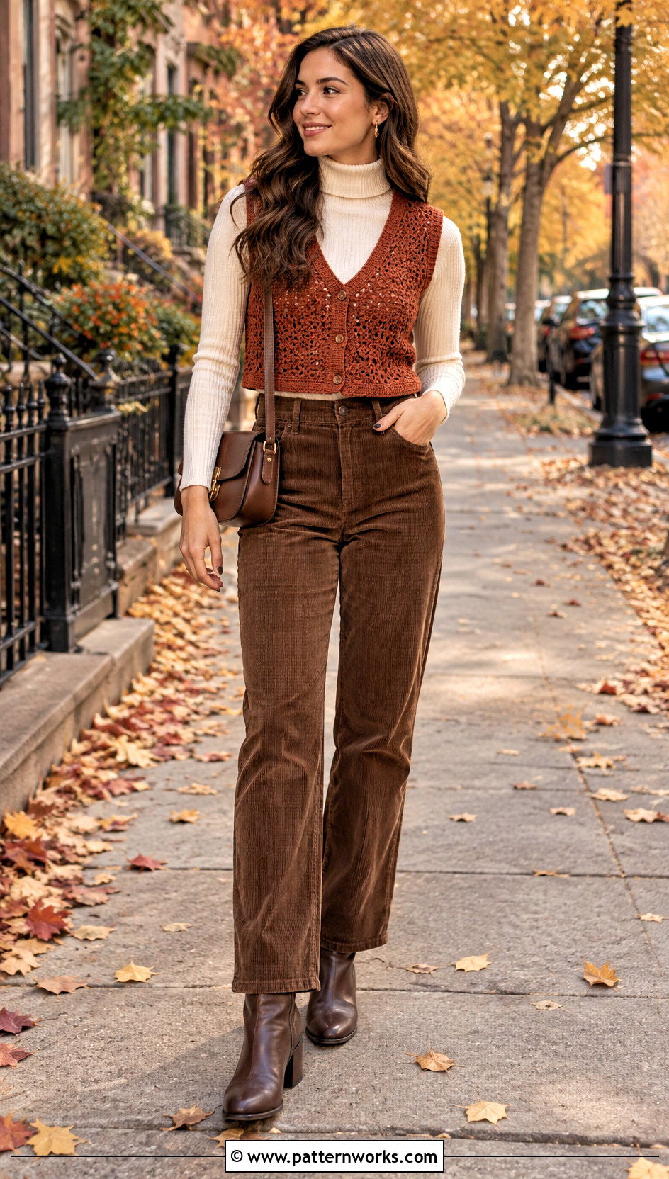 Fall Crochet Crop Vest Outfit With Turtleneck And Corduroy Pants - 30 crochet crop vest outfit ideas