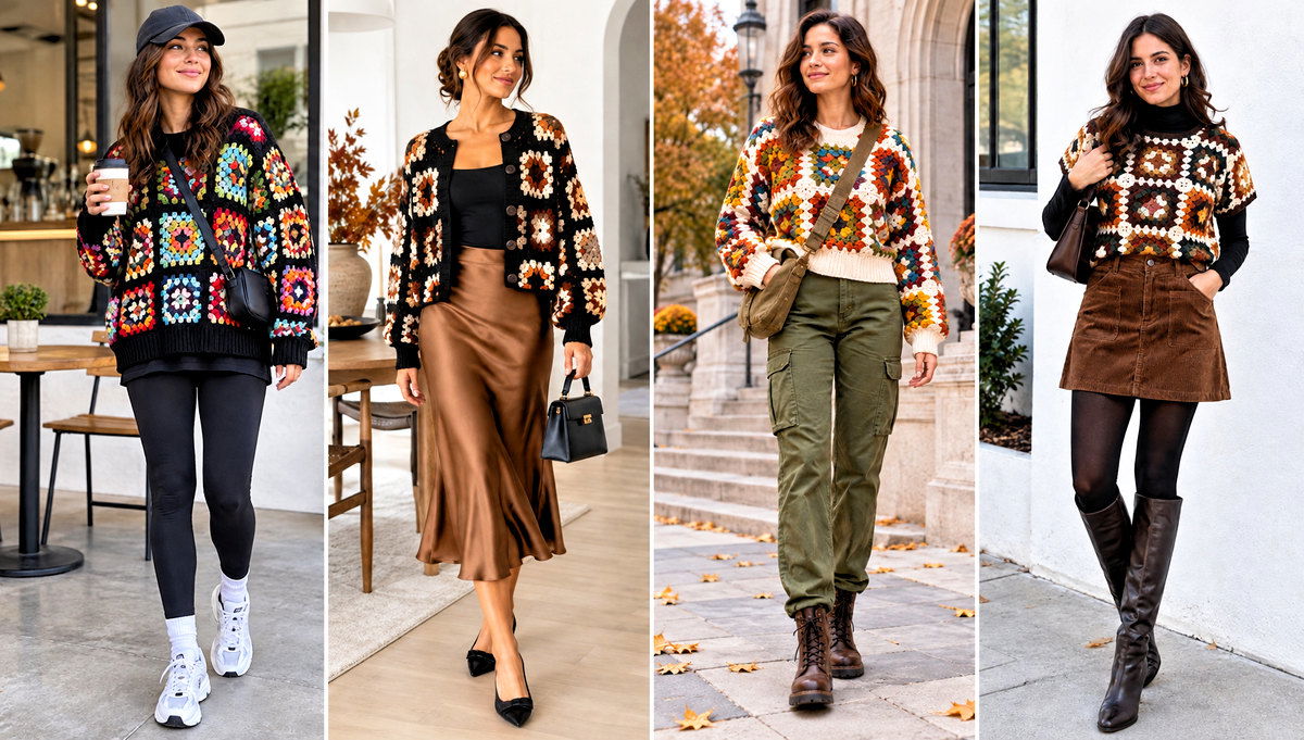 24 Fall Granny Square Sweater Outfit Ideas for Retro Style