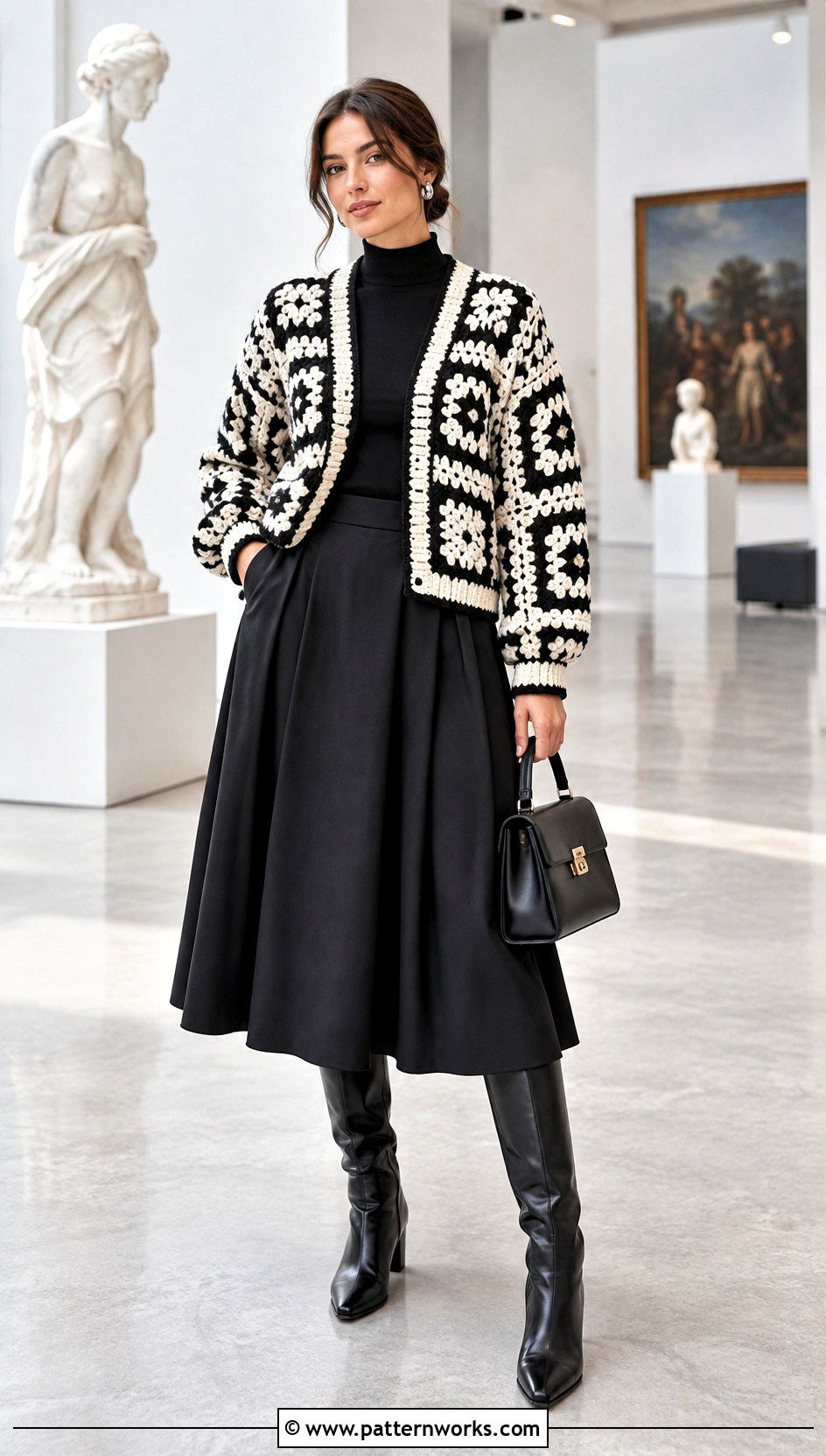Fana Norwegian Crochet Cardigan With Black Midi Skirt - 18 Norwegian Crochet Sweater outfit ideas