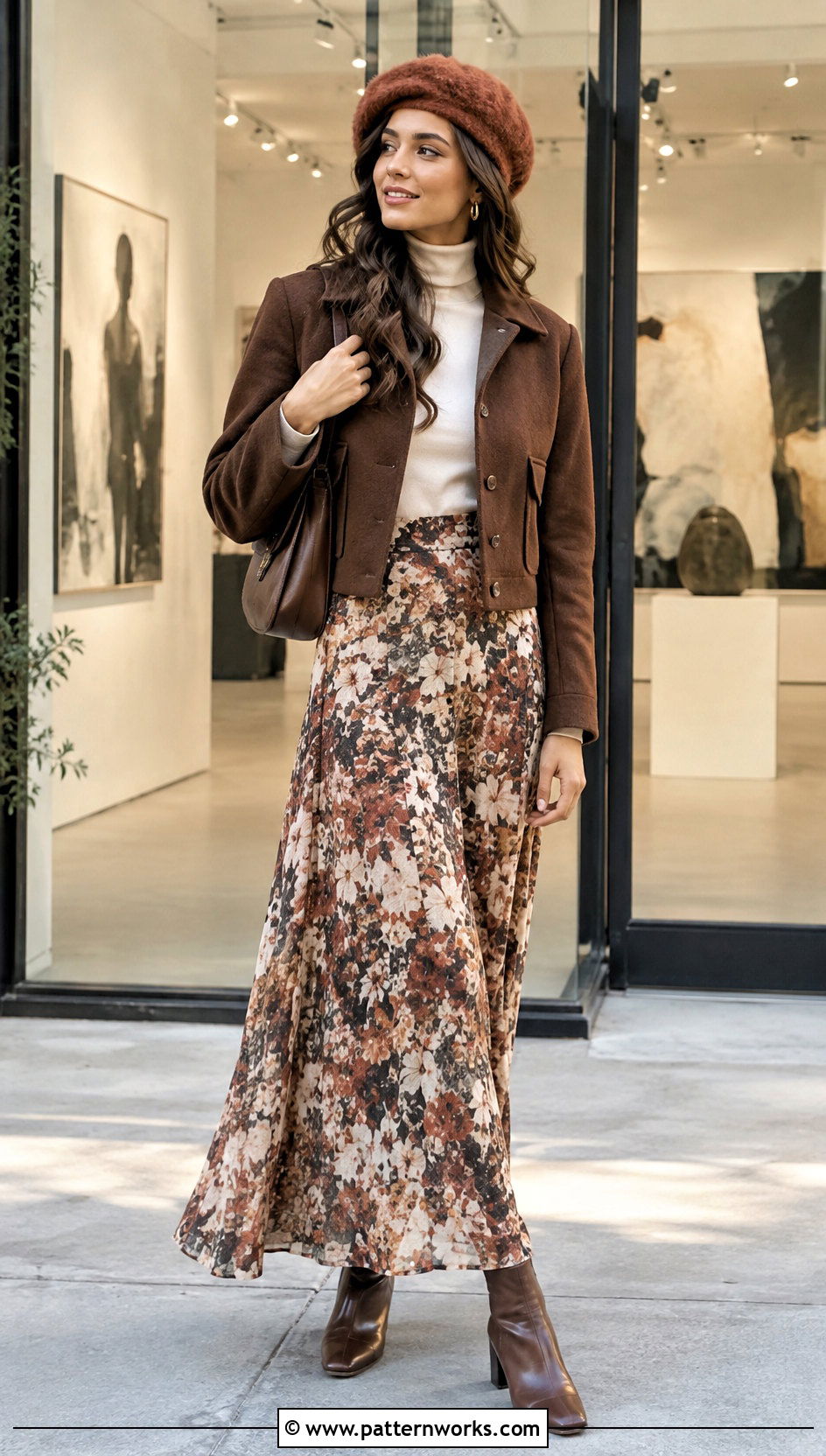 Faux Fur Crochet Beret With Turtleneck And Maxi Skirt - 24 faux fur crochet hat outfit ideas