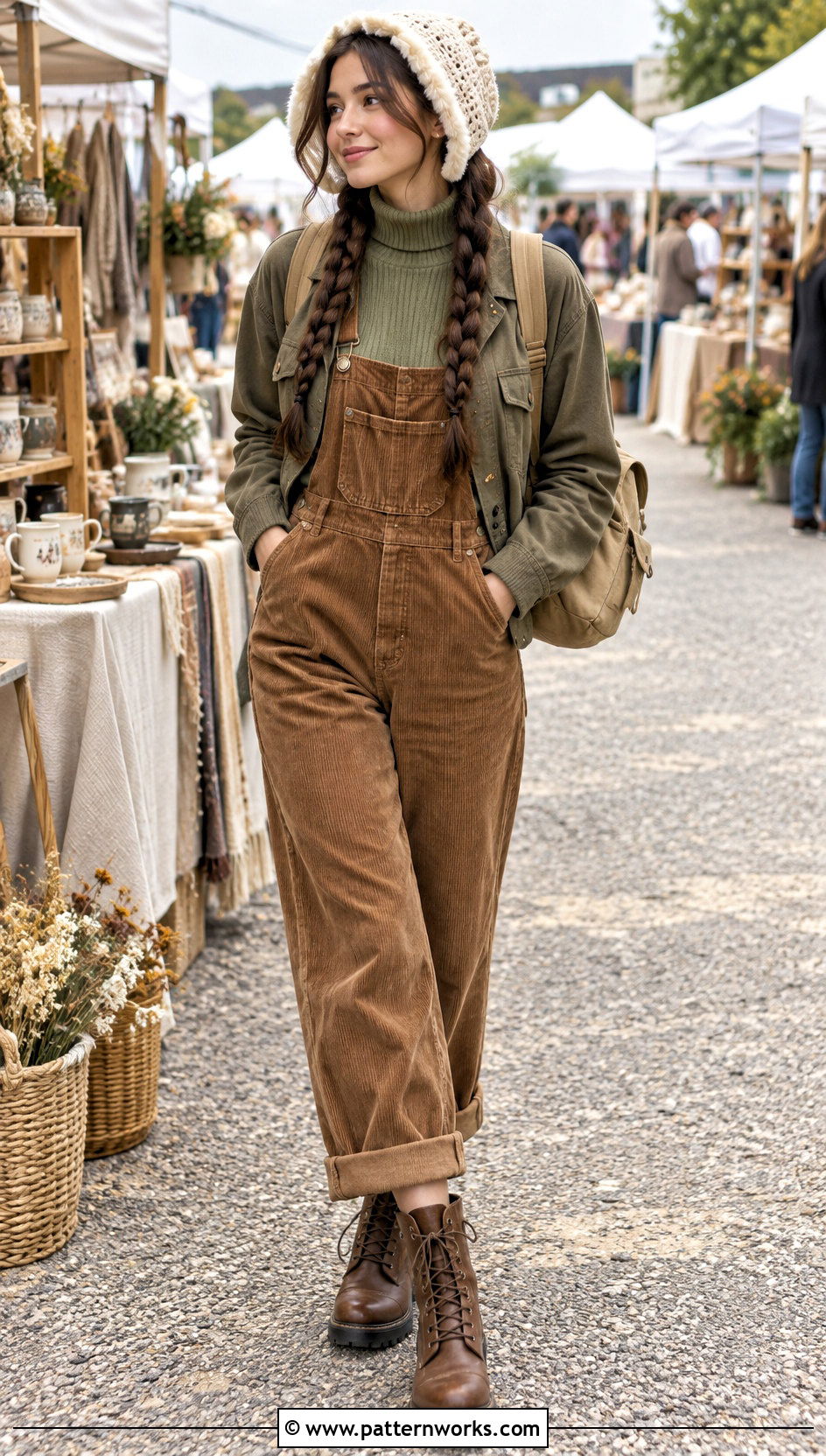 Faux Fur Crochet Bonnet With Corduroy Overalls And Boots - 24 faux fur crochet hat outfit ideas
