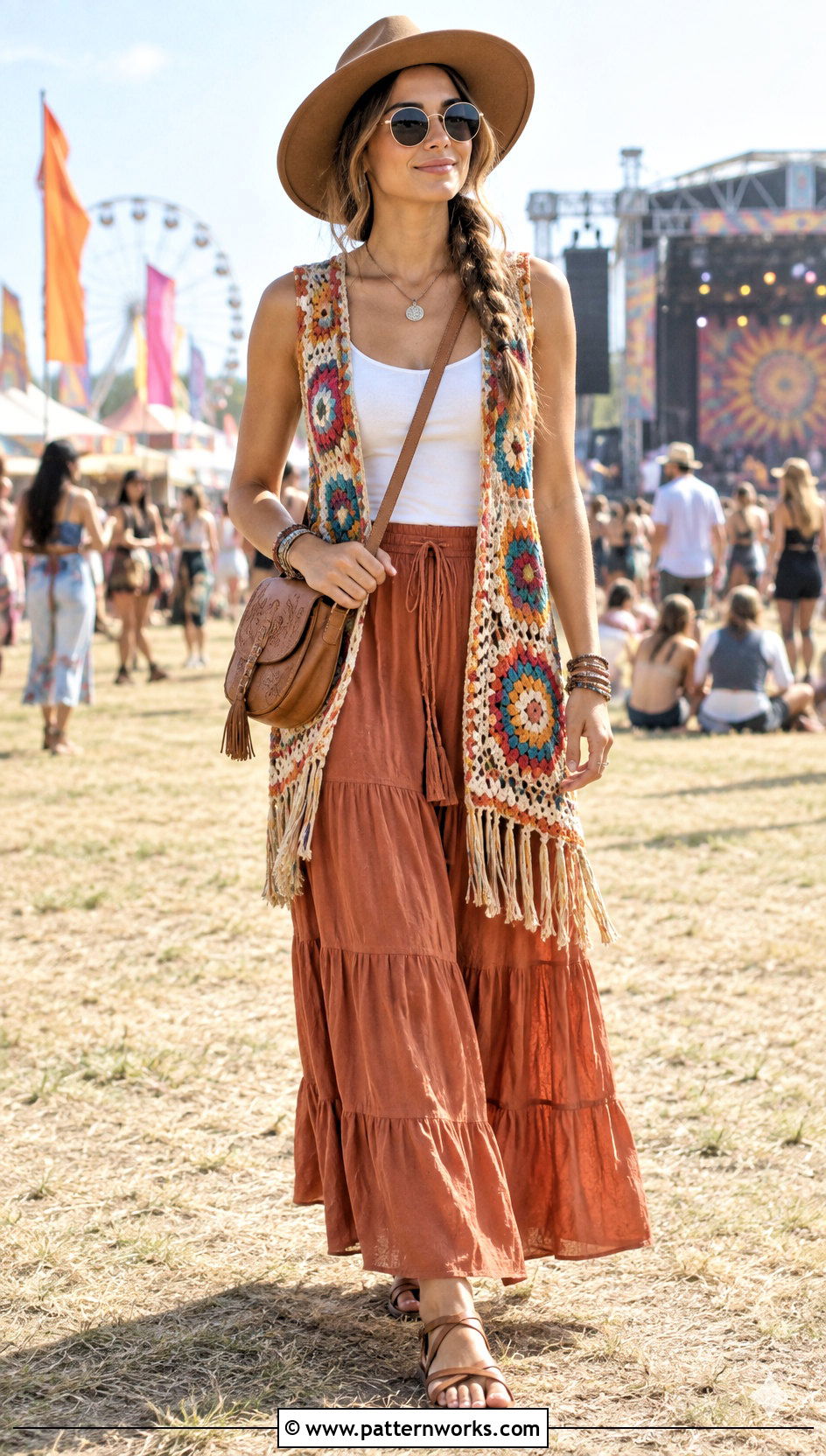 Festival Crochet Hippie Vest Outfit With Tiered Maxi Skirt - 24 crochet hippie vest outfit ideas