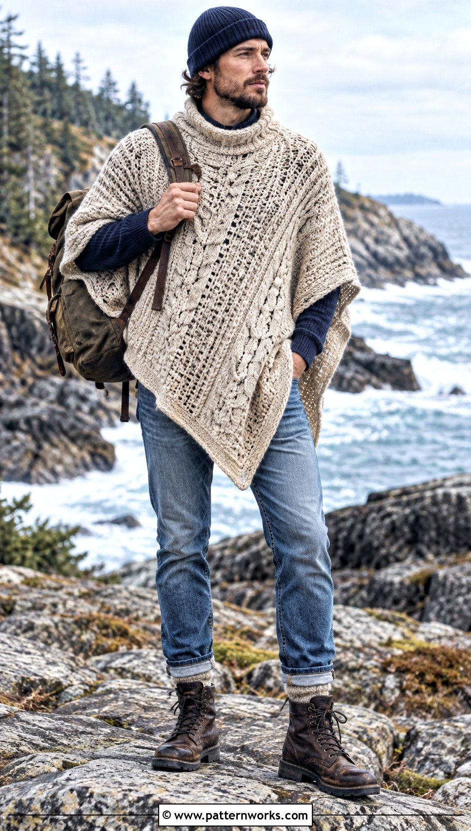 Fisherman Crochet Poncho With Denim - 24 crochet men's poncho outfit ideas