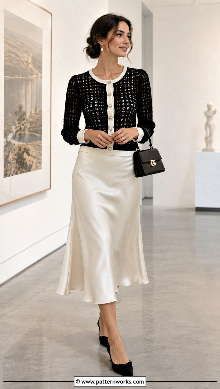 Fitted Crochet Cardigan With Satin Midi Skirt - 24 Black White Crochet Cardigan outfit ideas