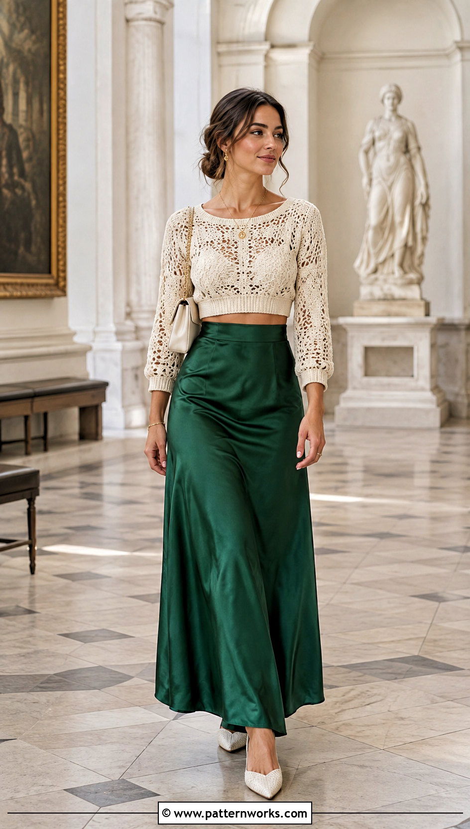 Fitted Crochet Crop Sweater With Satin Maxi Skirt - 30 crochet crop sweater outfit ideas