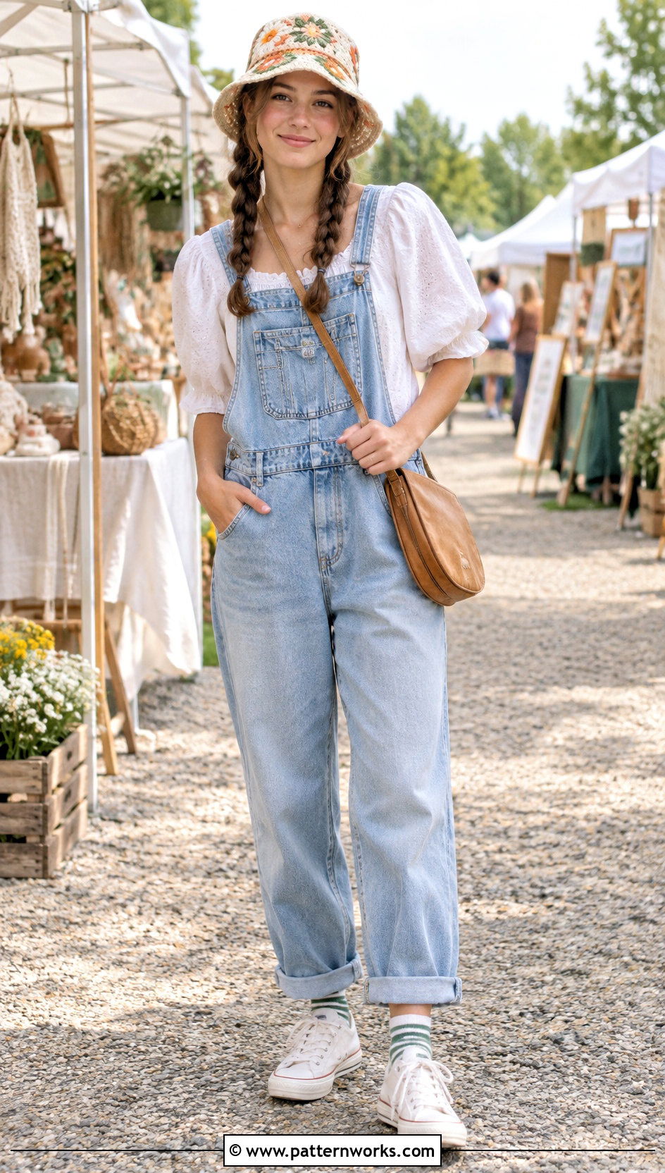 Floral Crochet Bucket Hat Outfit With Denim Overalls - 18 Country Cottage Crochet Hat outfit ideas
