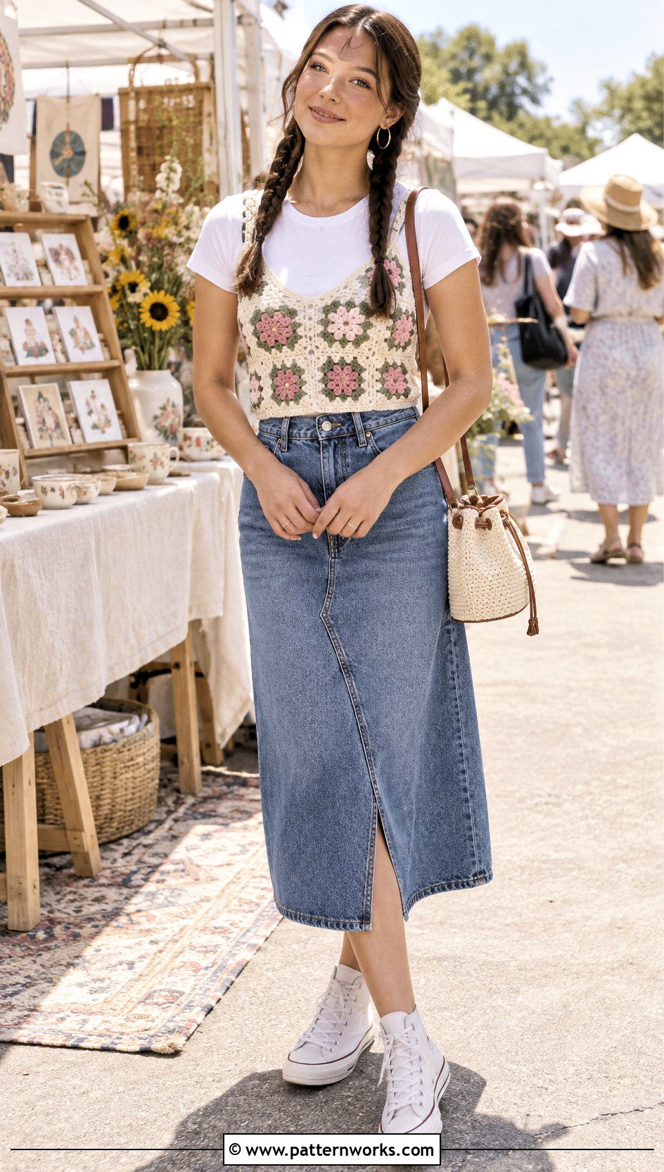 Floral Crochet Camisole With Denim Midi Skirt - 30 anime crochet clothes and outfit ideas