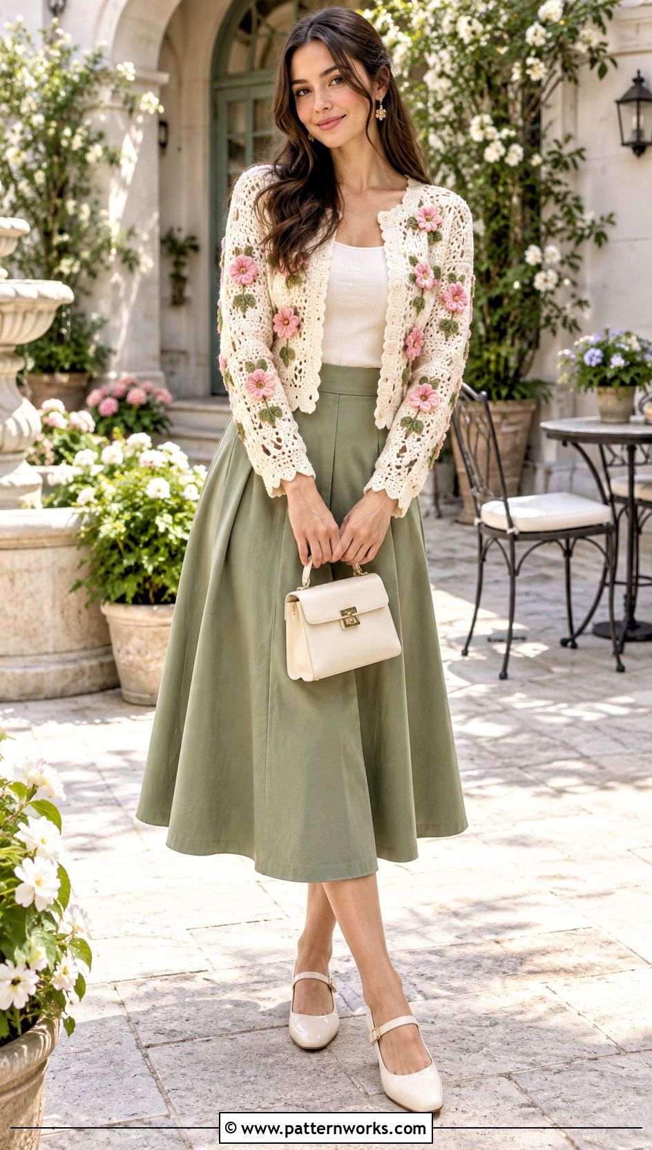 Floral Crochet Cardigan With A Line Skirt - 30 ladies crochet cardigan outfit ideas