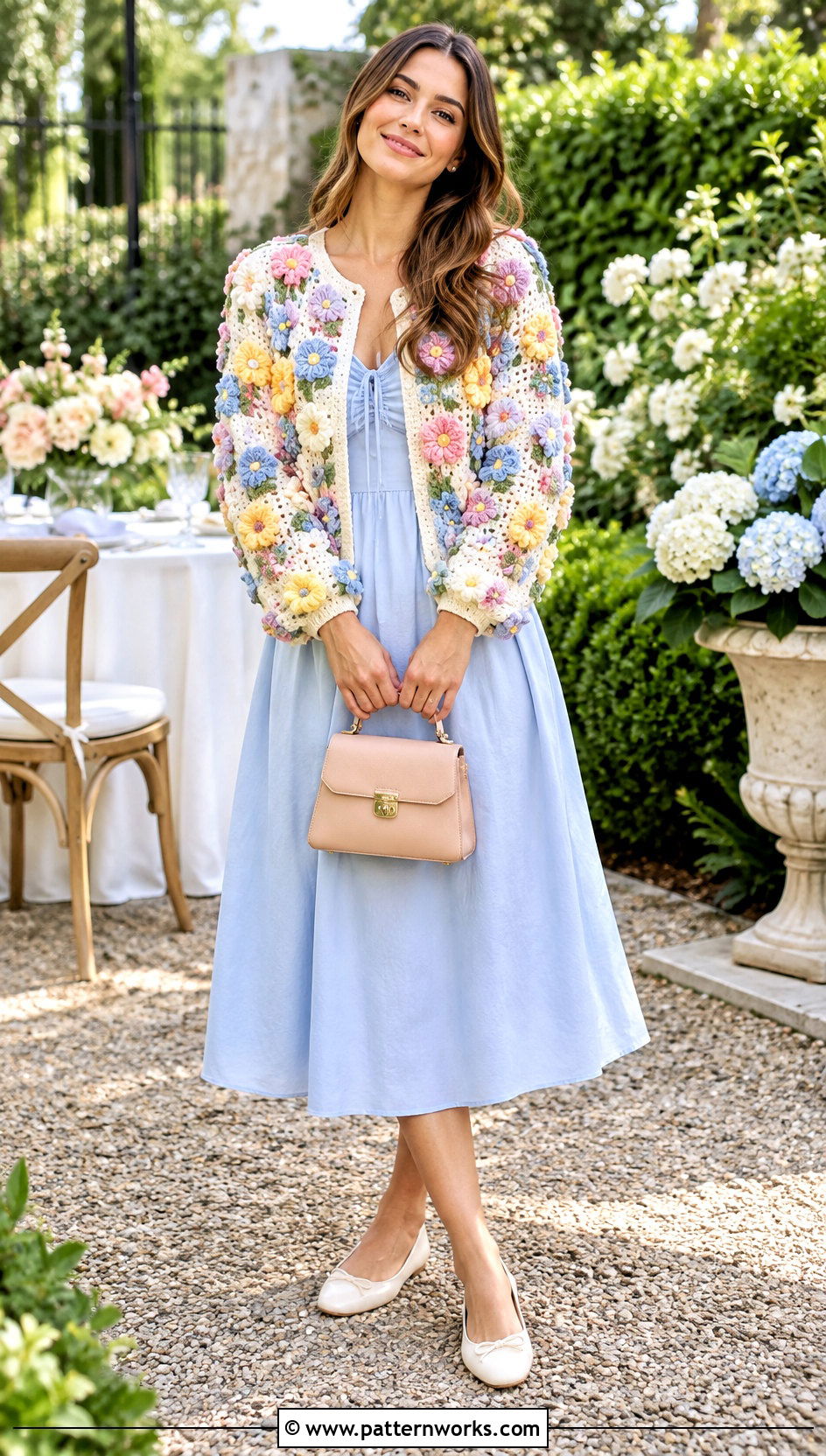 Floral Crochet Jacket With Simple Dress - 30 easy crochet jacket outfit ideas