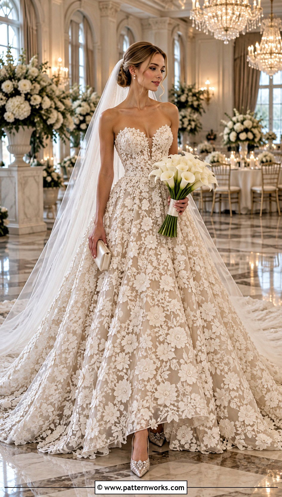 Floral Crochet Lace Ball Gown Wedding Dress - 30 crochet lace wedding dress outfit ideas