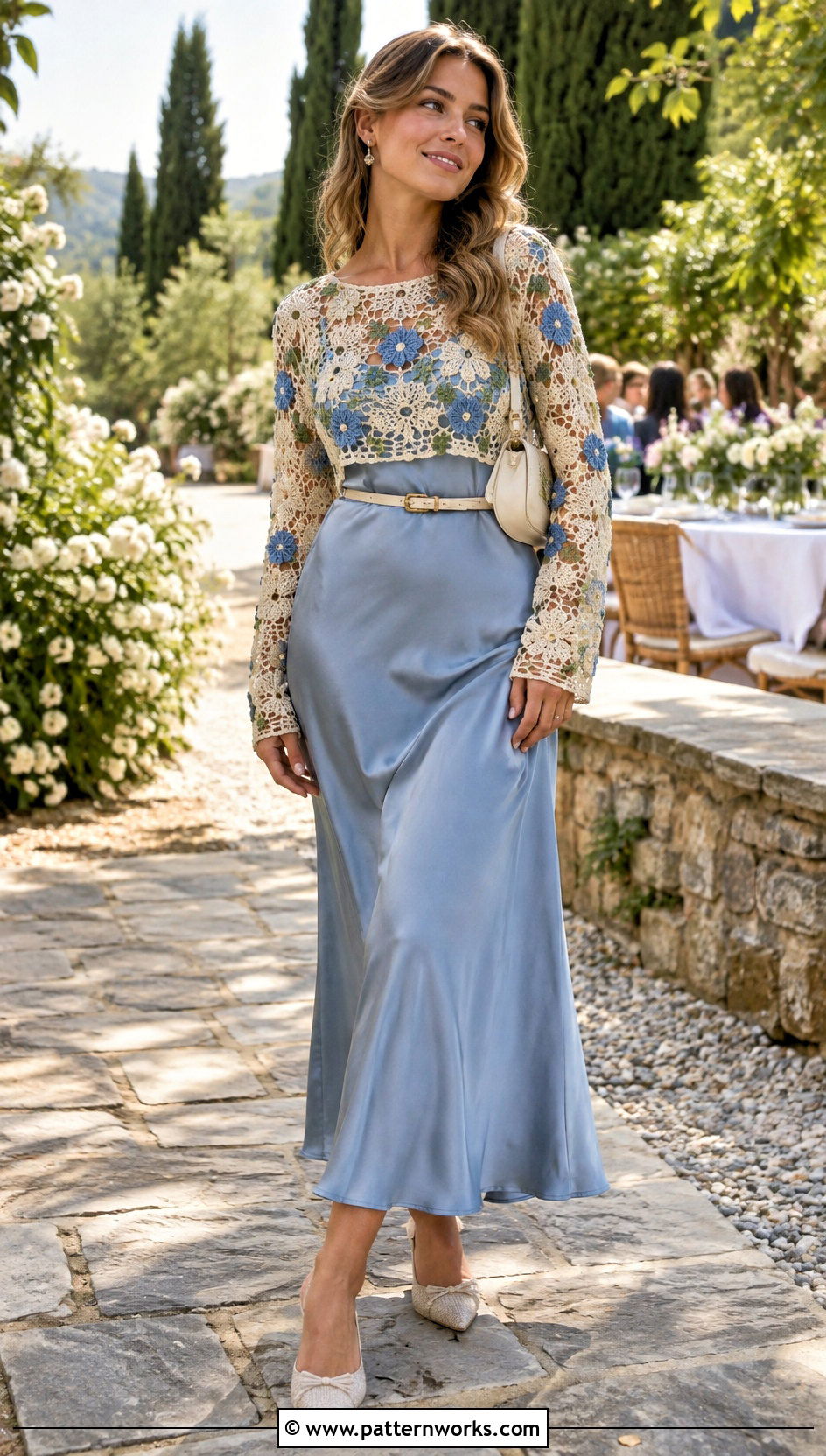 Floral Crochet Long Sleeve Top Over A Slip Dress - 24 Easy Crochet Long Sleeve Top outfit ideas