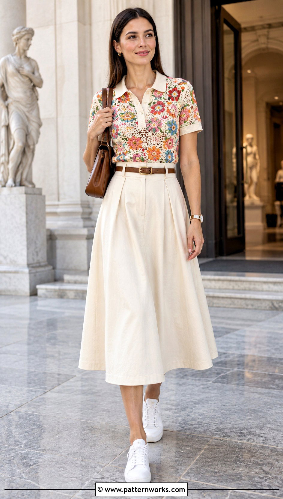 Floral Crochet Polo With Midi Skirt - 18 Colorful Floral Crochet Clothing and outfit ideas