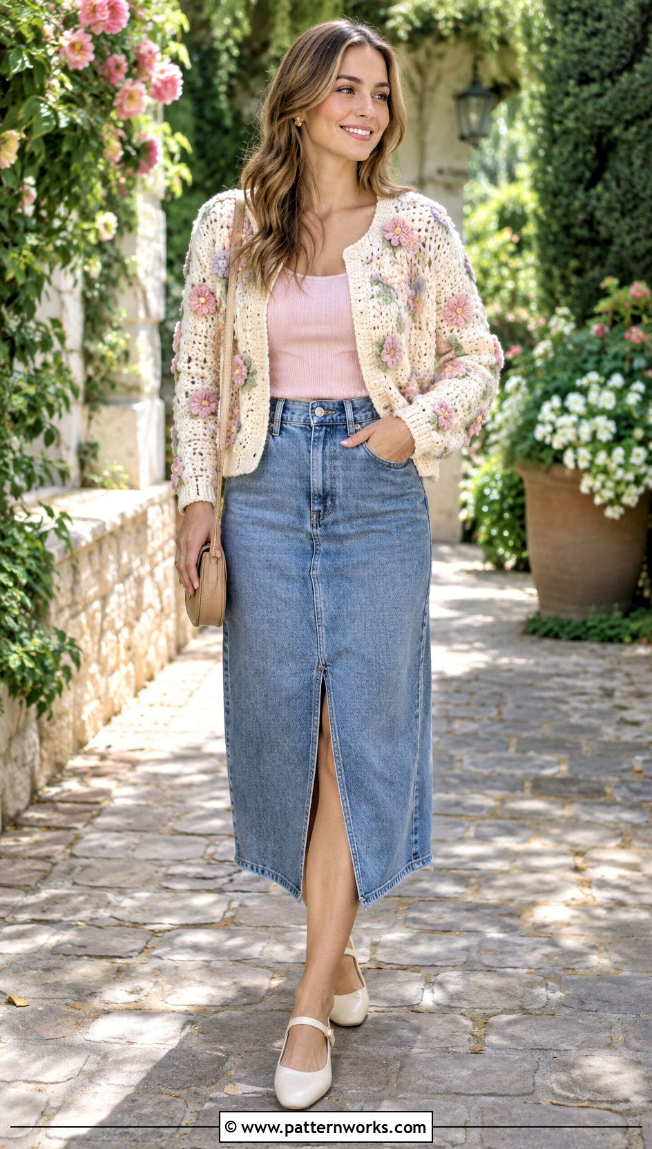 Floral Crochet Sweater Jacket With Denim Midi Skirt - 18 Crochet Sweater Jacket outfit ideas