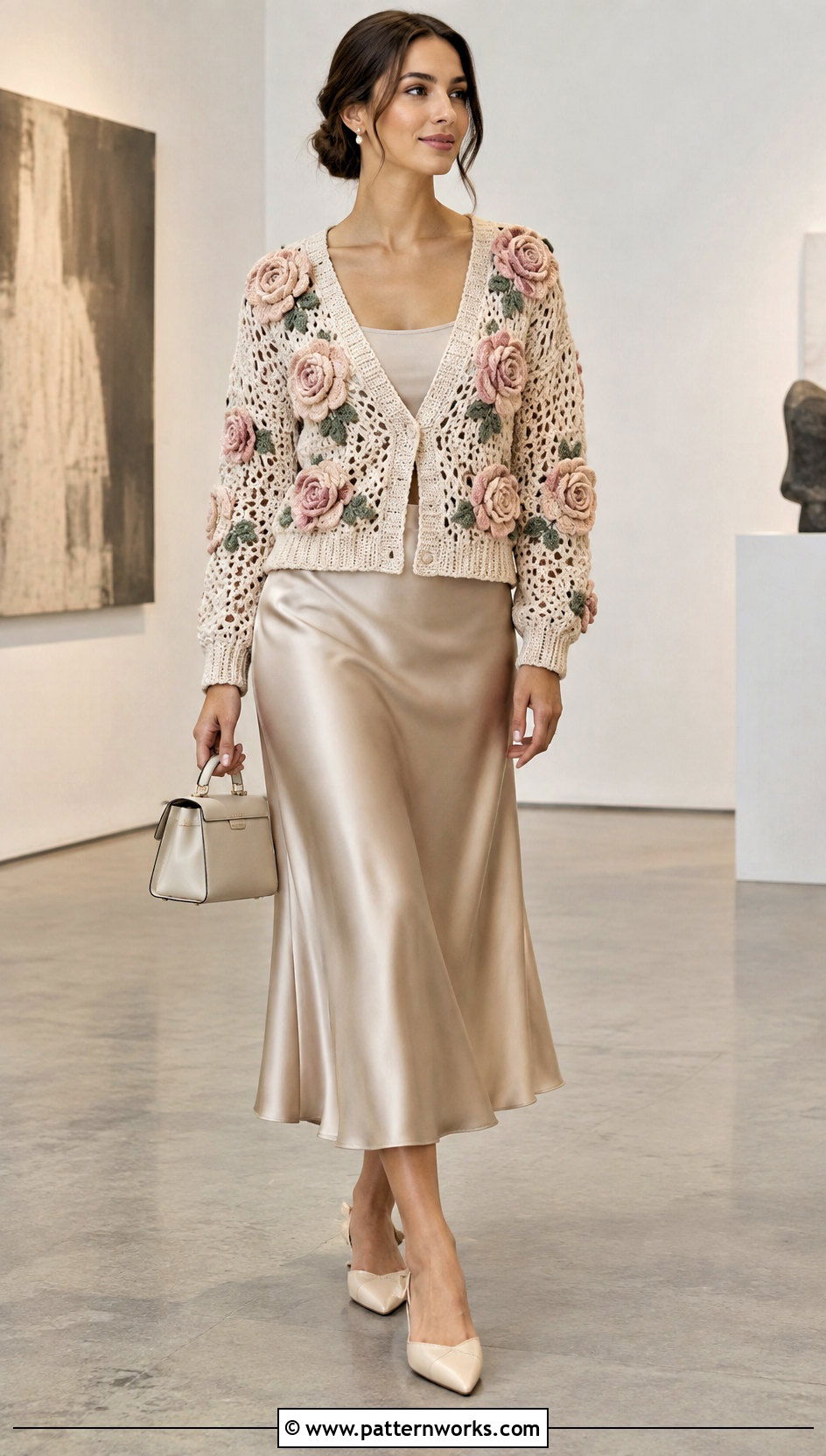 Floral Crochet Sweater With Satin Midi Skirt - 18 floral crochet sweater style outfit ideas