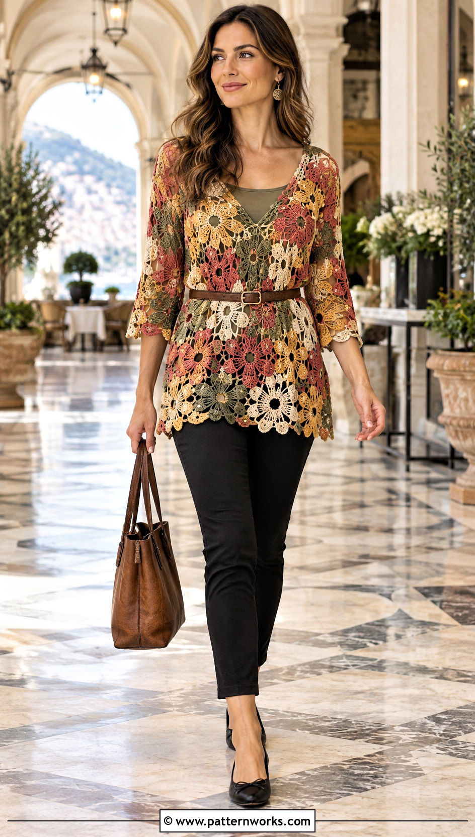 Floral Crochet Tunic With Slim Pants - 18 Colorful Floral Crochet Clothing and outfit ideas