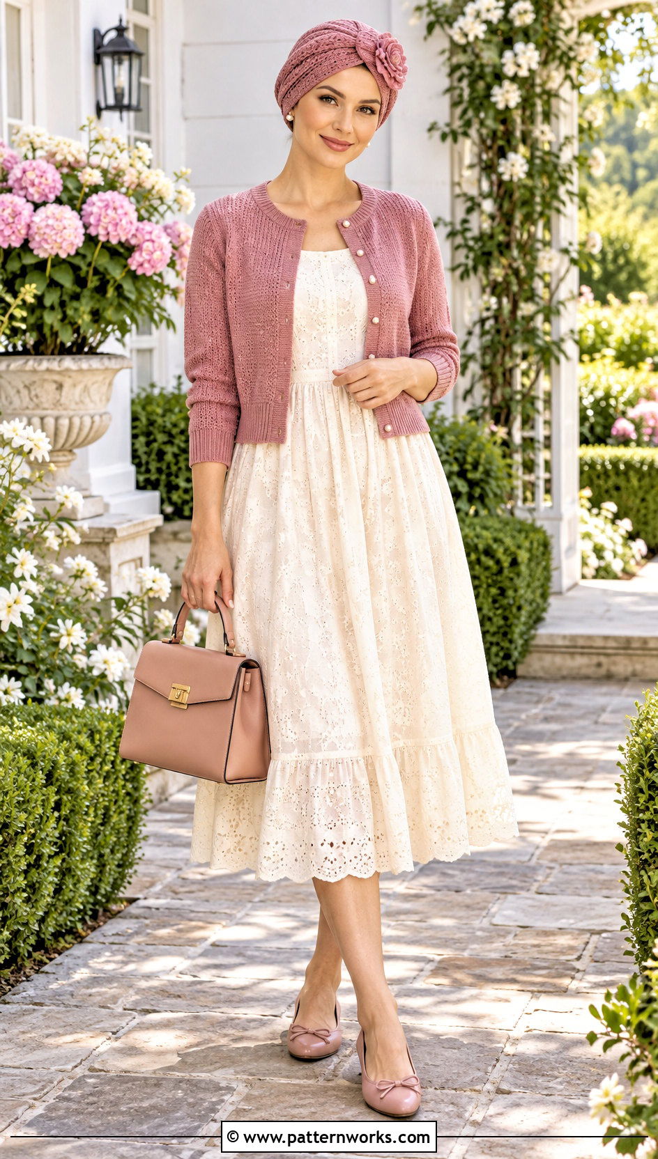Floral Crochet Turban Hat With Midi Dress And Cardigan - 18 crochet turban style hat outfit ideas