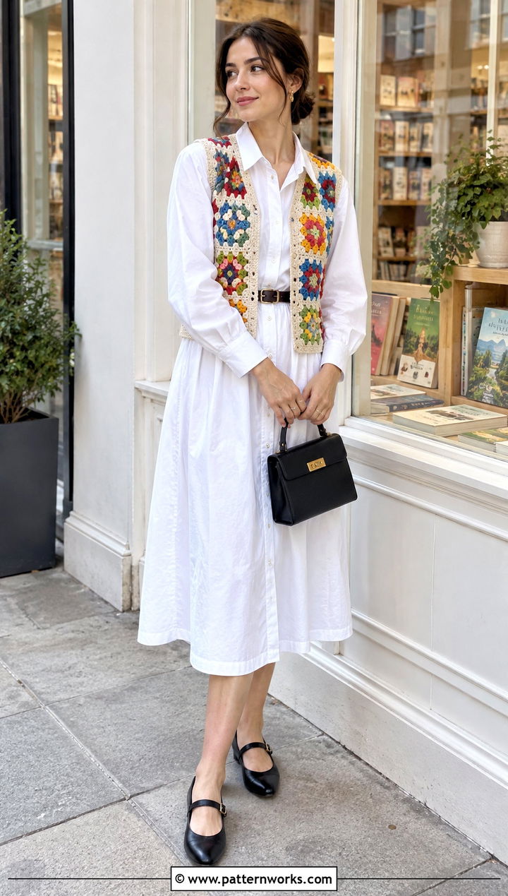 Floral Crochet Vest Outfit With White Shirt Dress - 24 crochet vest outfit aesthetic outfit ideas