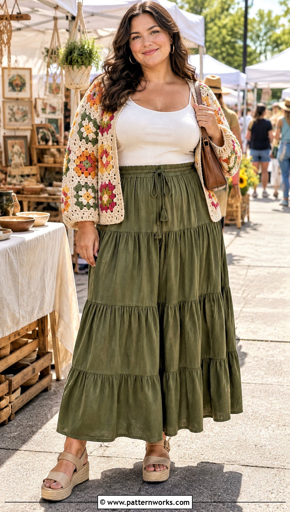 Floral Granny Square Crochet Cardigan Outfit With Tiered Skirt - 24 plus size crochet summer cardigan outfit ideas