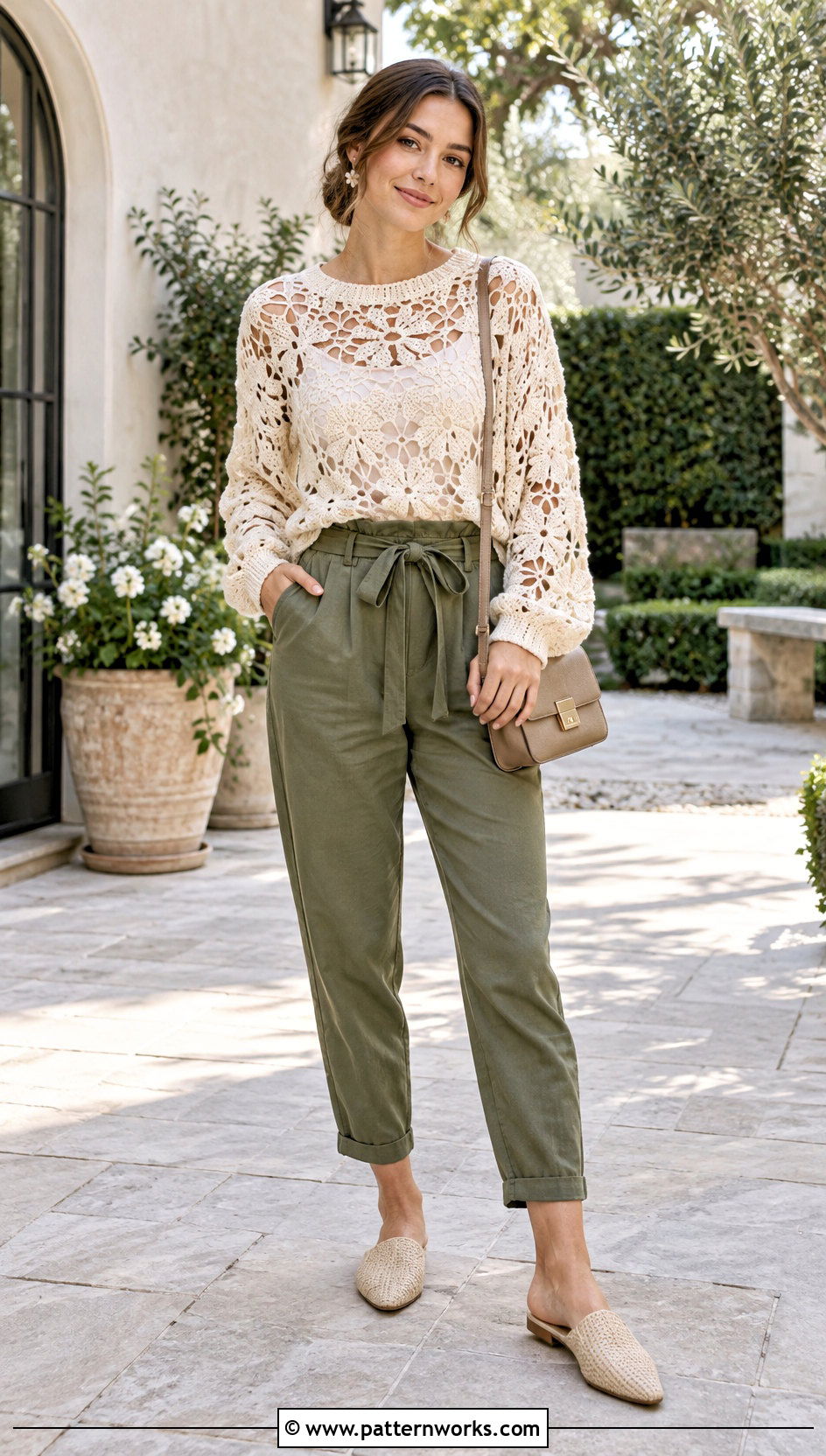Floral Hollow Out Crochet Sweater With Paperbag Pants - 24 Hollow Out Crochet Sweater outfit ideas
