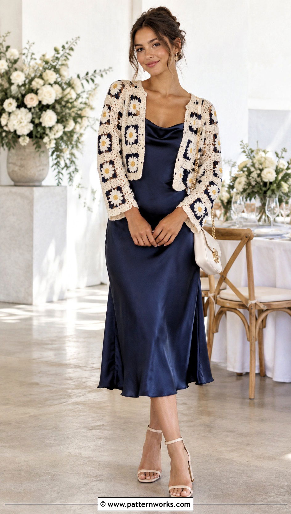 Floral Patchwork Cardigan With a Satin Slip Dress - 30 crochet patch work cardigan outfit ideas