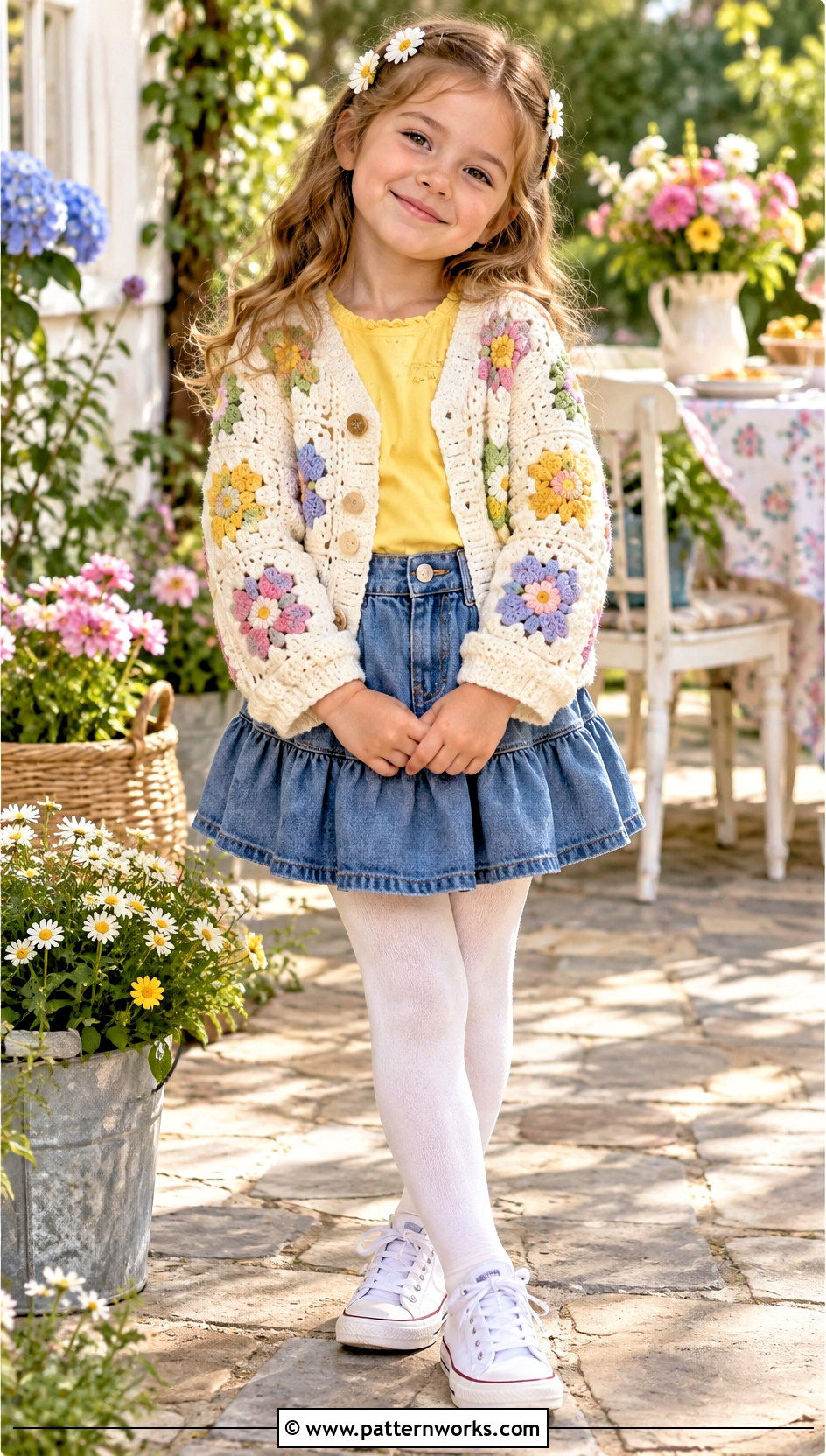 Flower Childs Hexagon Cardigan With Denim Skirt - 18 Crochet Childs Hexagon Cardigan outfit ideas