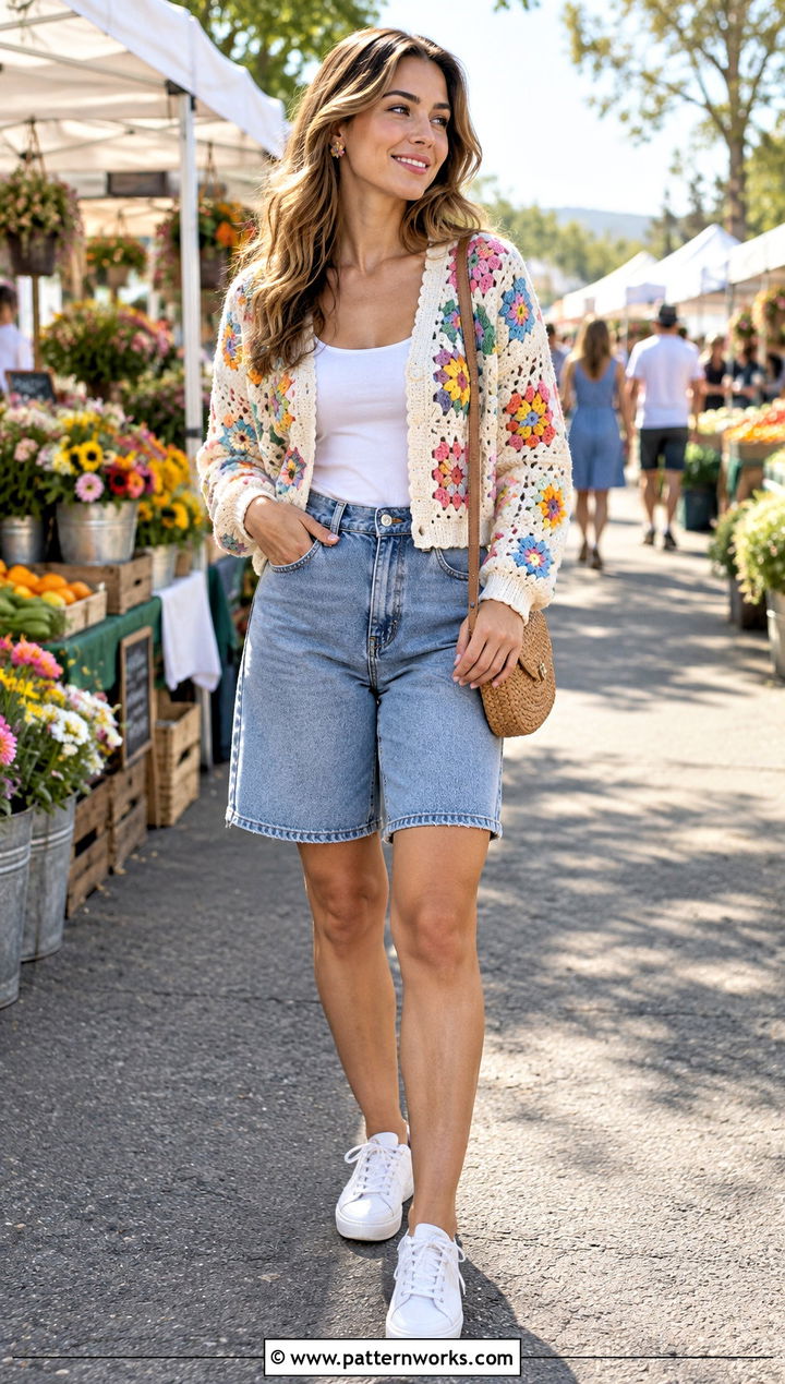 Flower Crochet Cardigan With Denim Shorts - 30 colorful crochet sweater outfit ideas