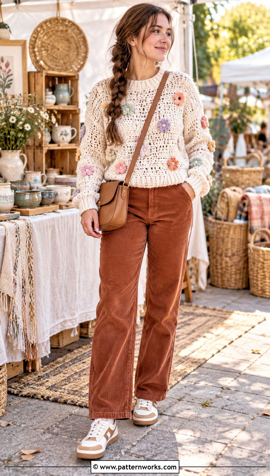 Flower Crochet Sweater With Corduroy Pants - 18 Aesthetic Cute Crochet Clothes and outfit ideas