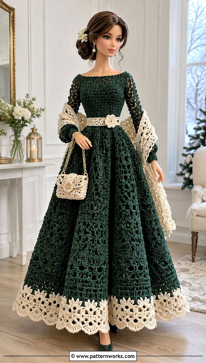 Forest Green Long Sleeve Crochet Barbie Ball Gown Outfit - 30 crochet barbie ball gowns outfit ideas