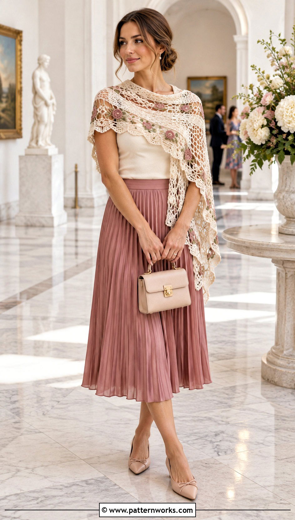 French Garden Filet Crochet Shawl With Pleated Midi Skirt - 18 french garden filet crochet shawl outfit ideas