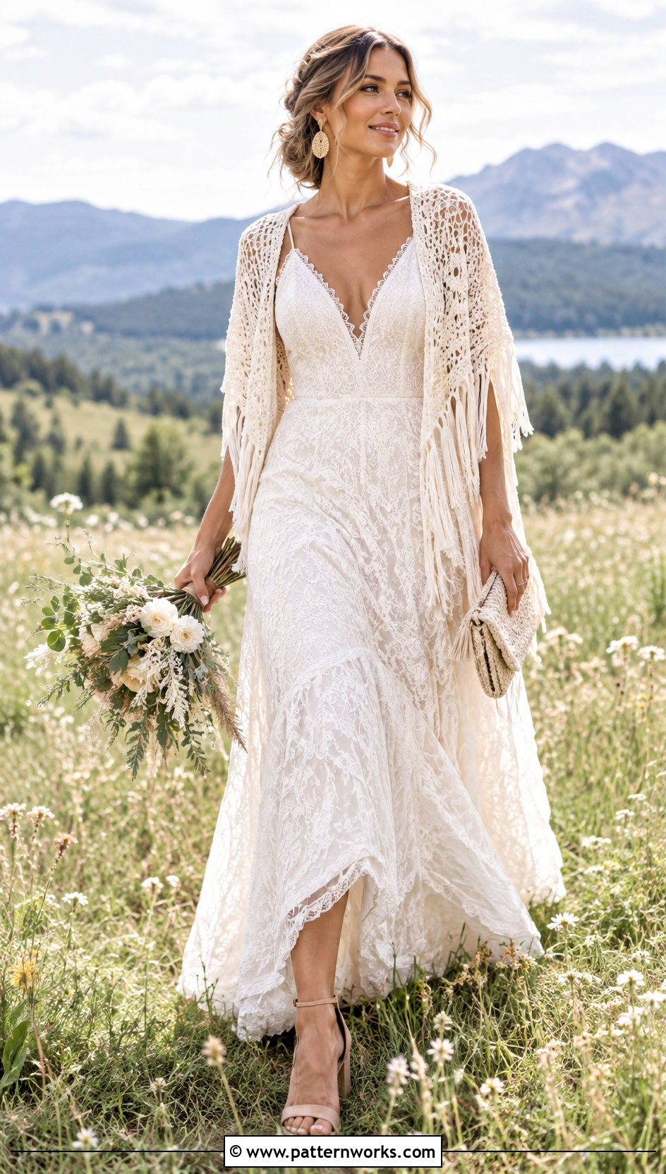 Fringe Crochet Wedding Cape With Boho Lace Dress - 24 Crochet Wedding Cape outfit ideas