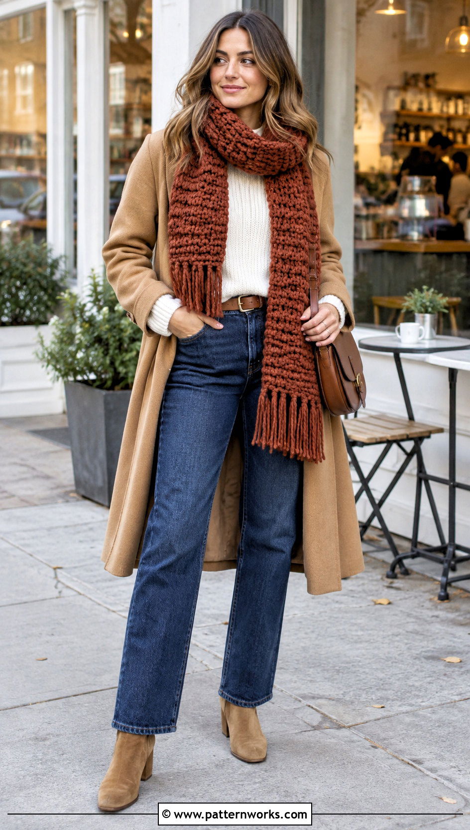 Fringe Super Bulky Crochet Scarf With Sweater And Jeans - 18 Super Bulky Crochet Scarf outfit ideas