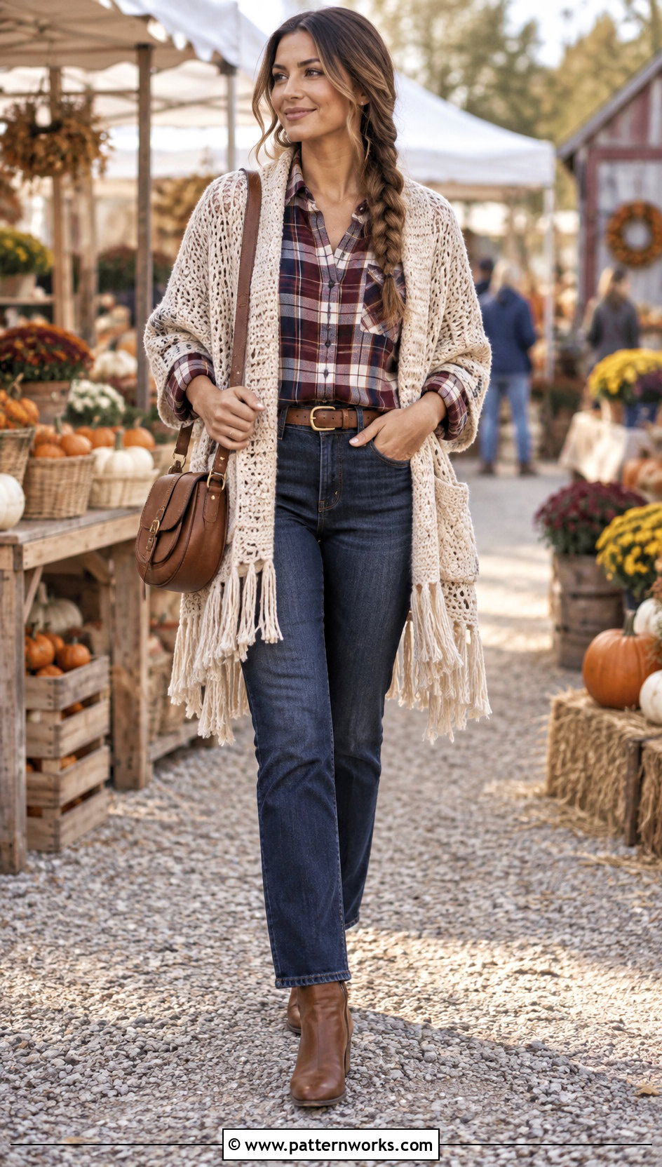 Fringed Crochet Pocket Scarf Shawl With Flannel Shirt - 24 Crochet Pocket Scarf Shawl outfit ideas
