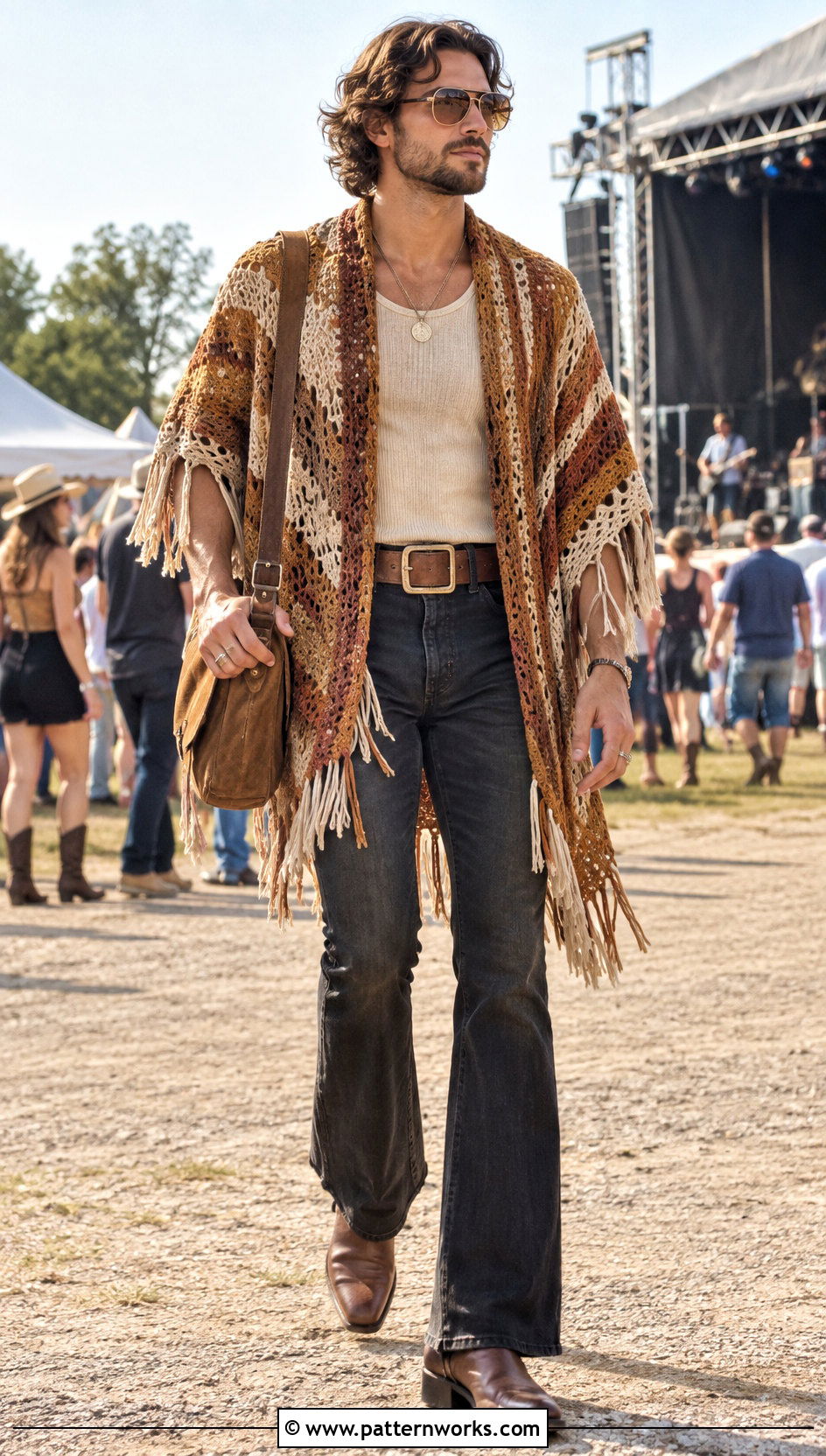 Fringed Crochet Poncho Outfit With Flared Jeans - 24 mens crochet poncho outfit ideas