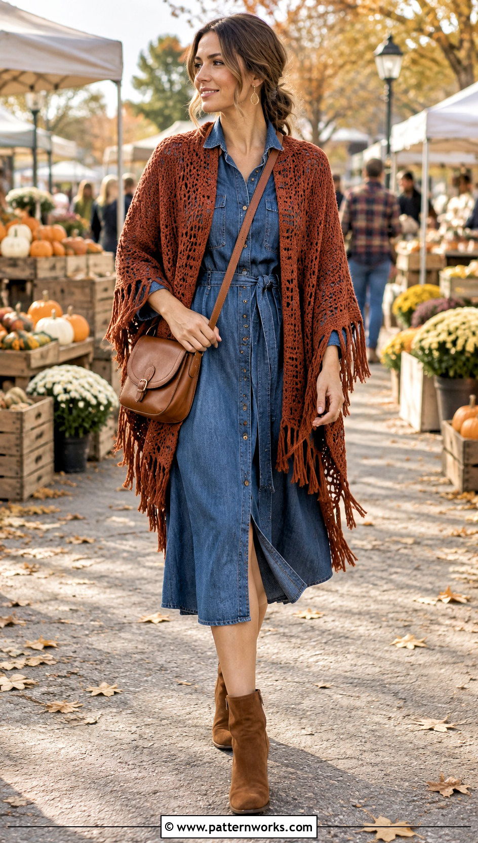Fringed Crochet Ruana With Denim Dress - 30 crochet ruana outfit ideas