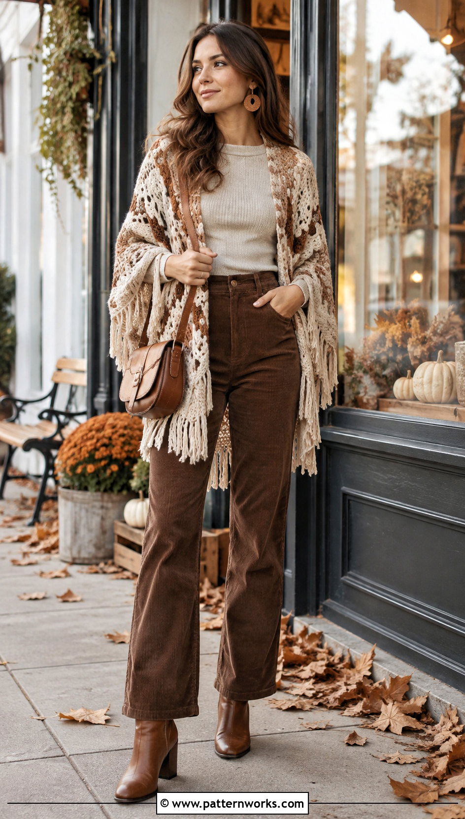 Fringed Vintage Crochet Poncho Outfit With Corduroy Pants - 18 Vintage Crochet Poncho outfit ideas