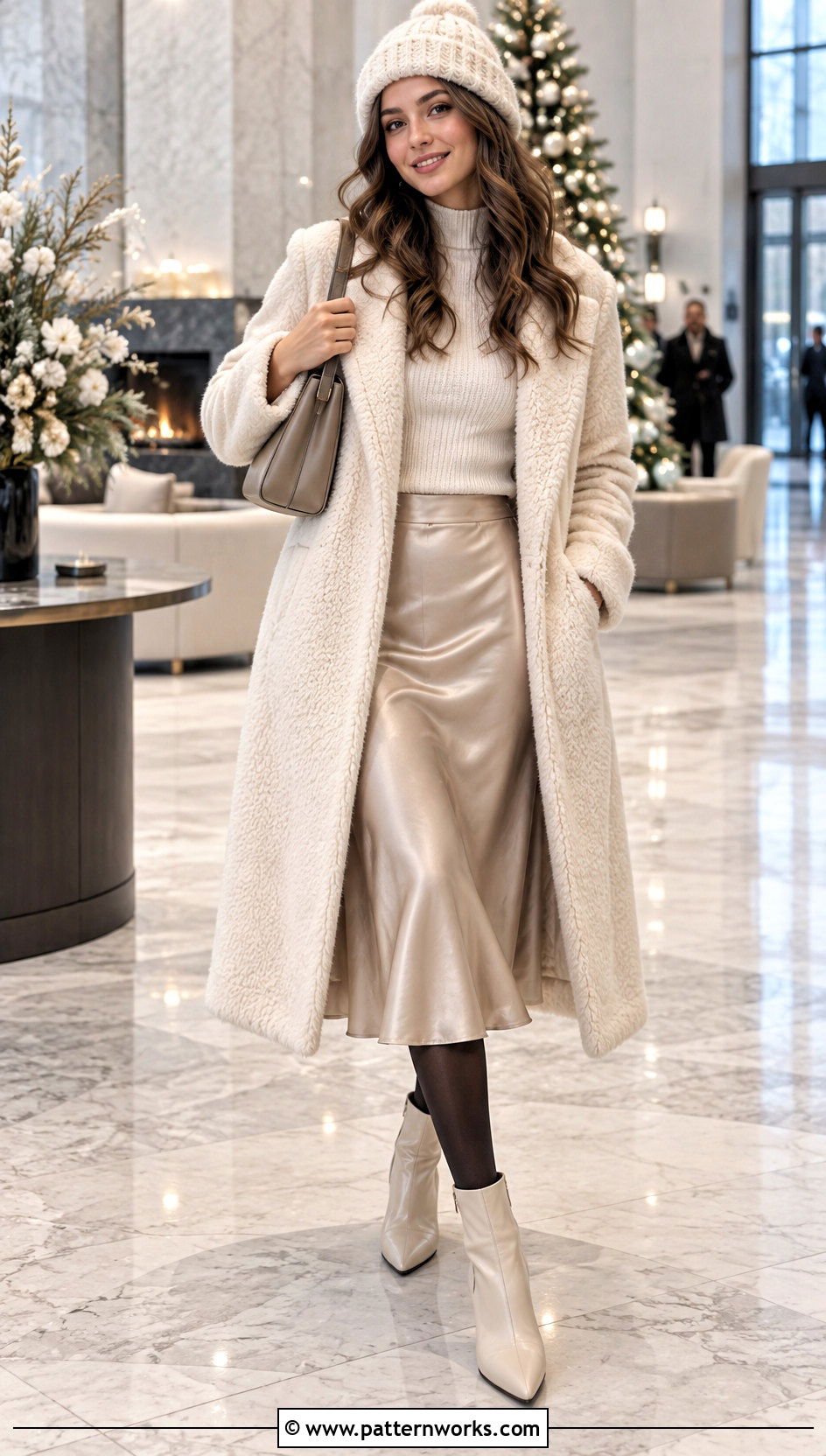 Fuzzy Crochet Hat Outfit With Plush Coat And Satin Midi Skirt - 30 easy crochet winter hat outfit ideas