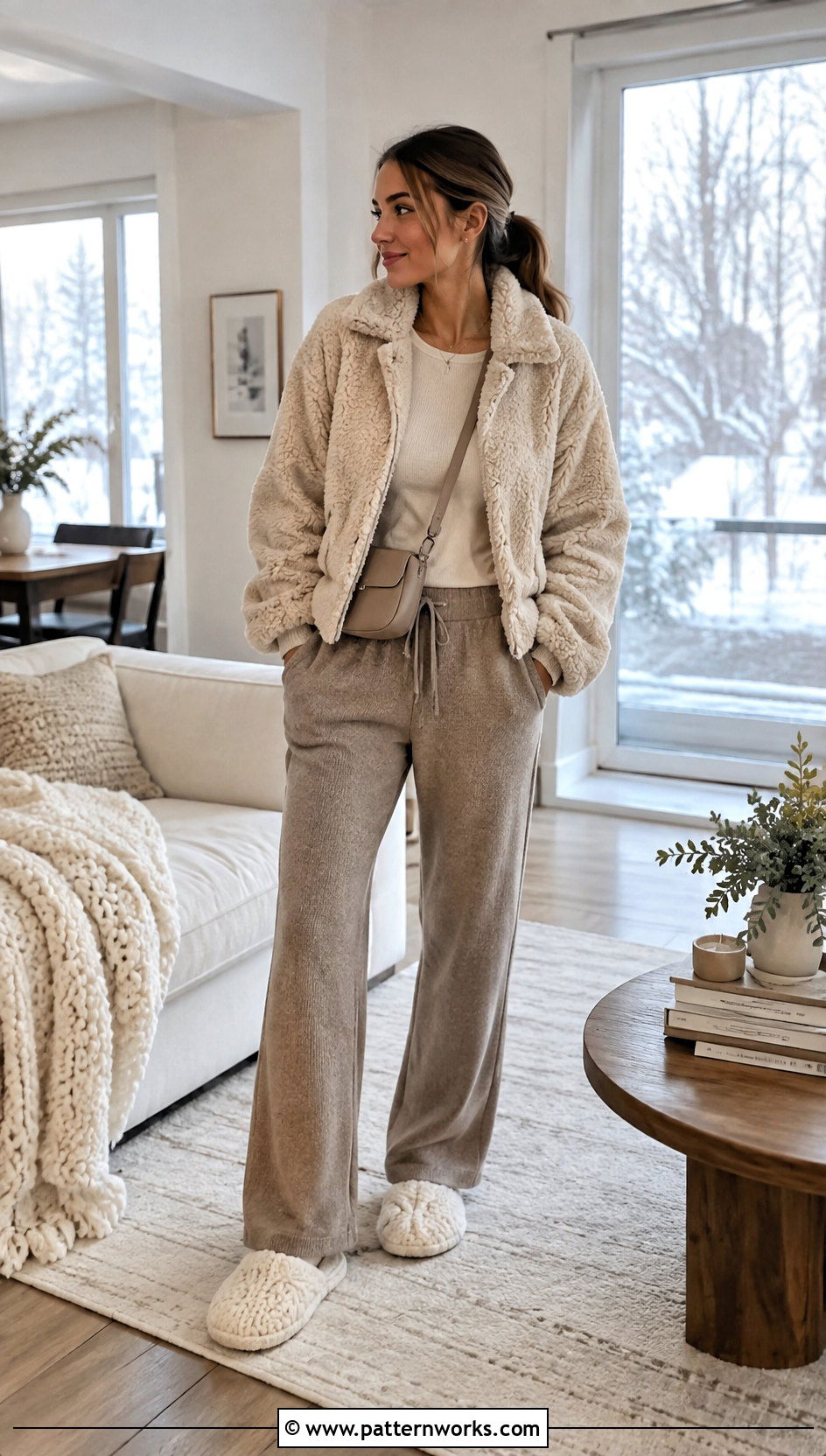 Fuzzy Crocheted Slippers With A Teddy Jacket - 30 crocheted slippers outfit ideas